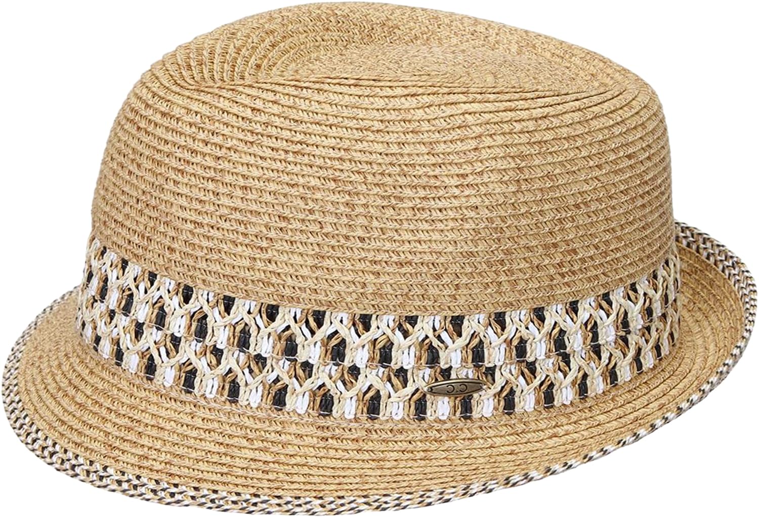 Funky Junque Women's Straw Fedora Sun Hat - UPF 50+ Protection, Short Brim, Stylish Woven Pattern