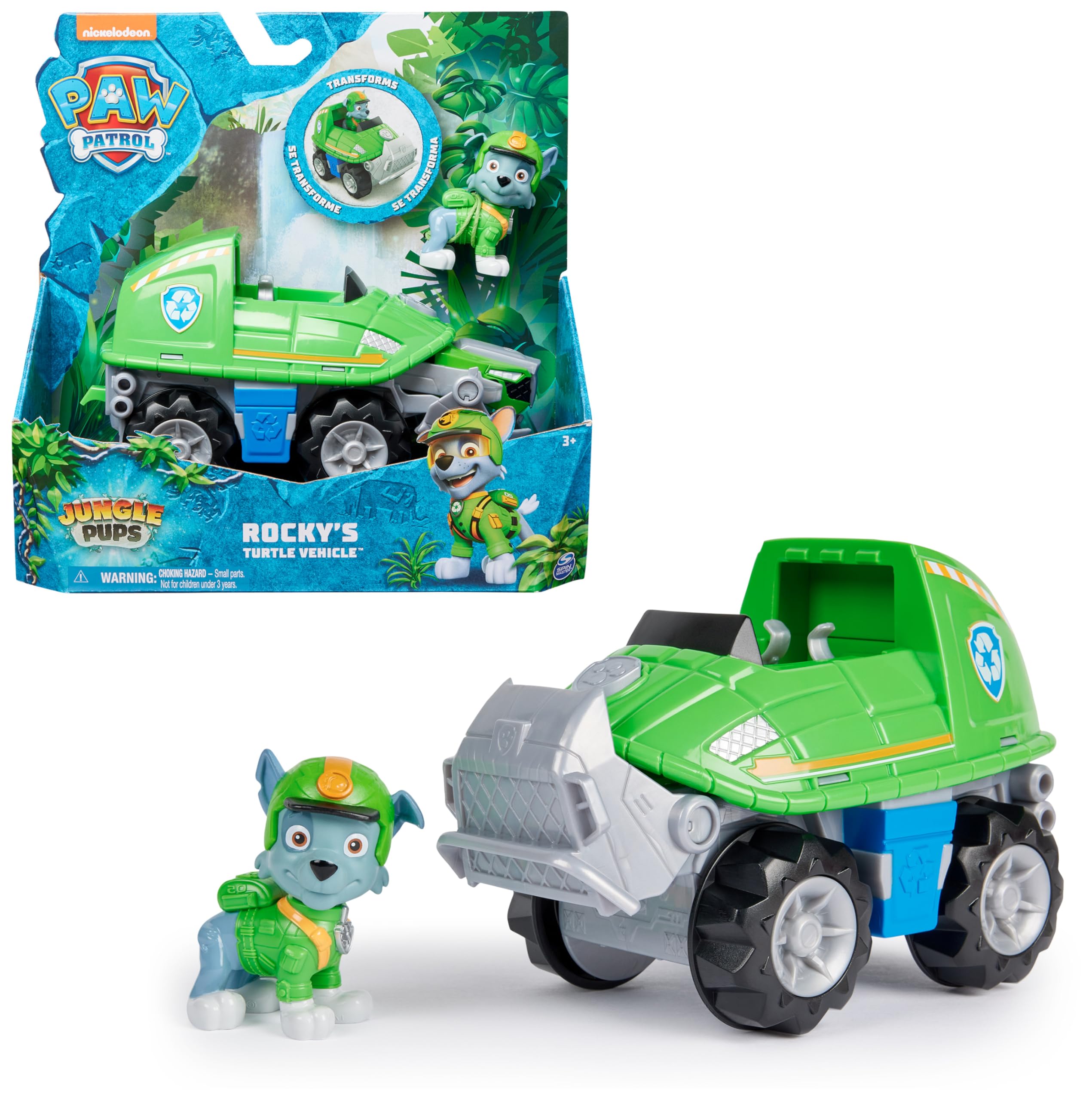 PAW PATROL Jungle Pups – Schnappschildkröten-Fahrzeug mit Rocky-Figur (Basis Fahrzeug), Spielzeug für Kinder ab 3 Jahren