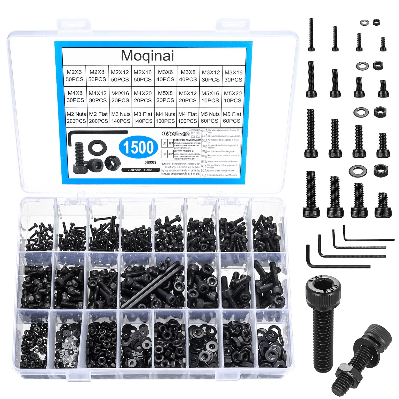 1500 Pcs M2 M3 M4 M5 Socket Head Cap Screw Set, 1500 Pcs Black Carbon Steel Allen Bolts with Nuts & Washers, Metric Machine Screw Assortment Kit with Hex Key