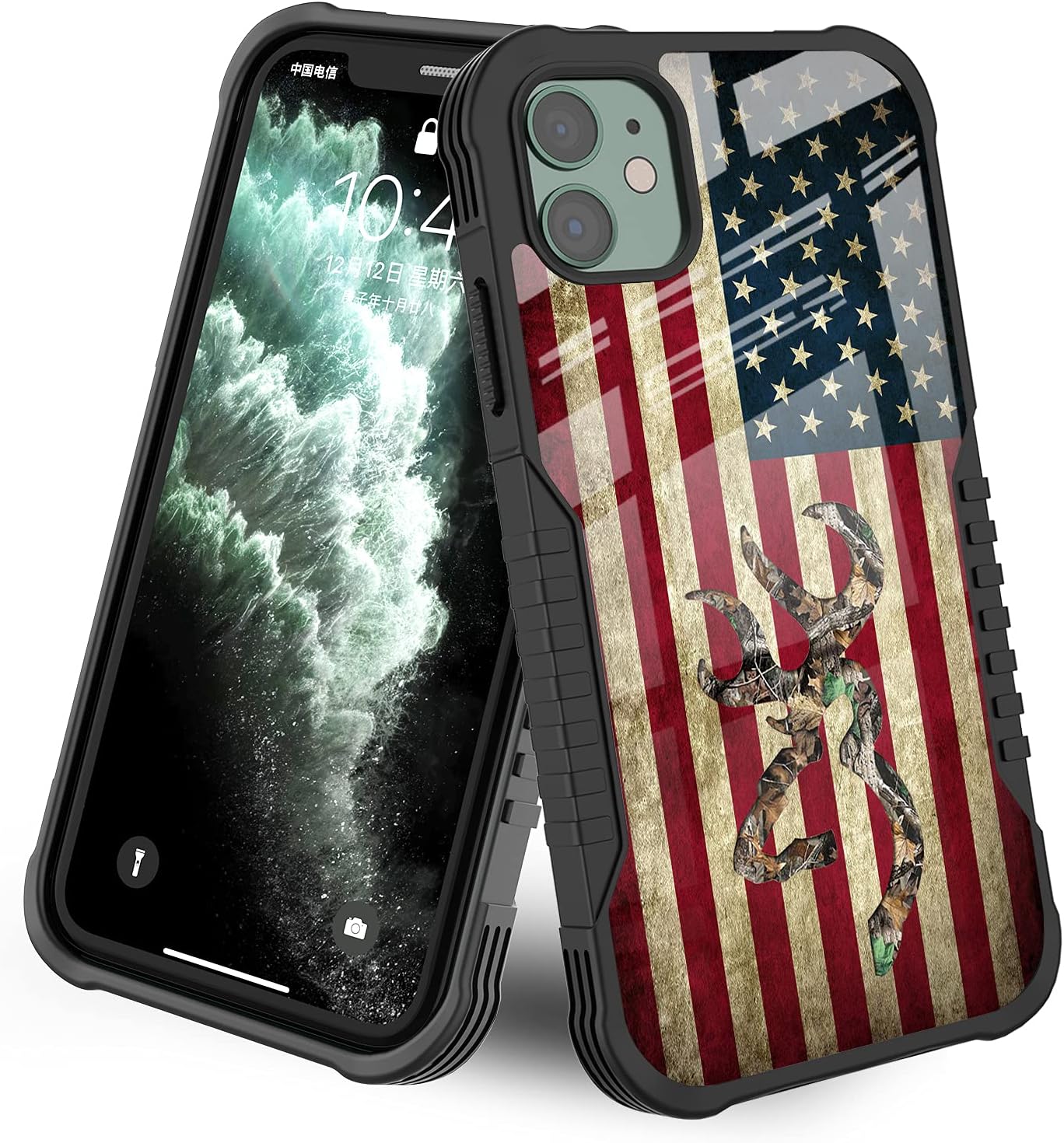 LANJINDENG Compatible with iPhone 12/12 Pro case [Shockproof Bumper] [Anti-Scratch] [Anti-Slip] Heavy Duty Protection Cover for Men Boys - Cool Camo Deer American Flag Camouflage