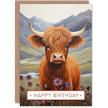 Artery8 Happy Birthday Cute Highland Cow in Scotland Heather Birthday Card