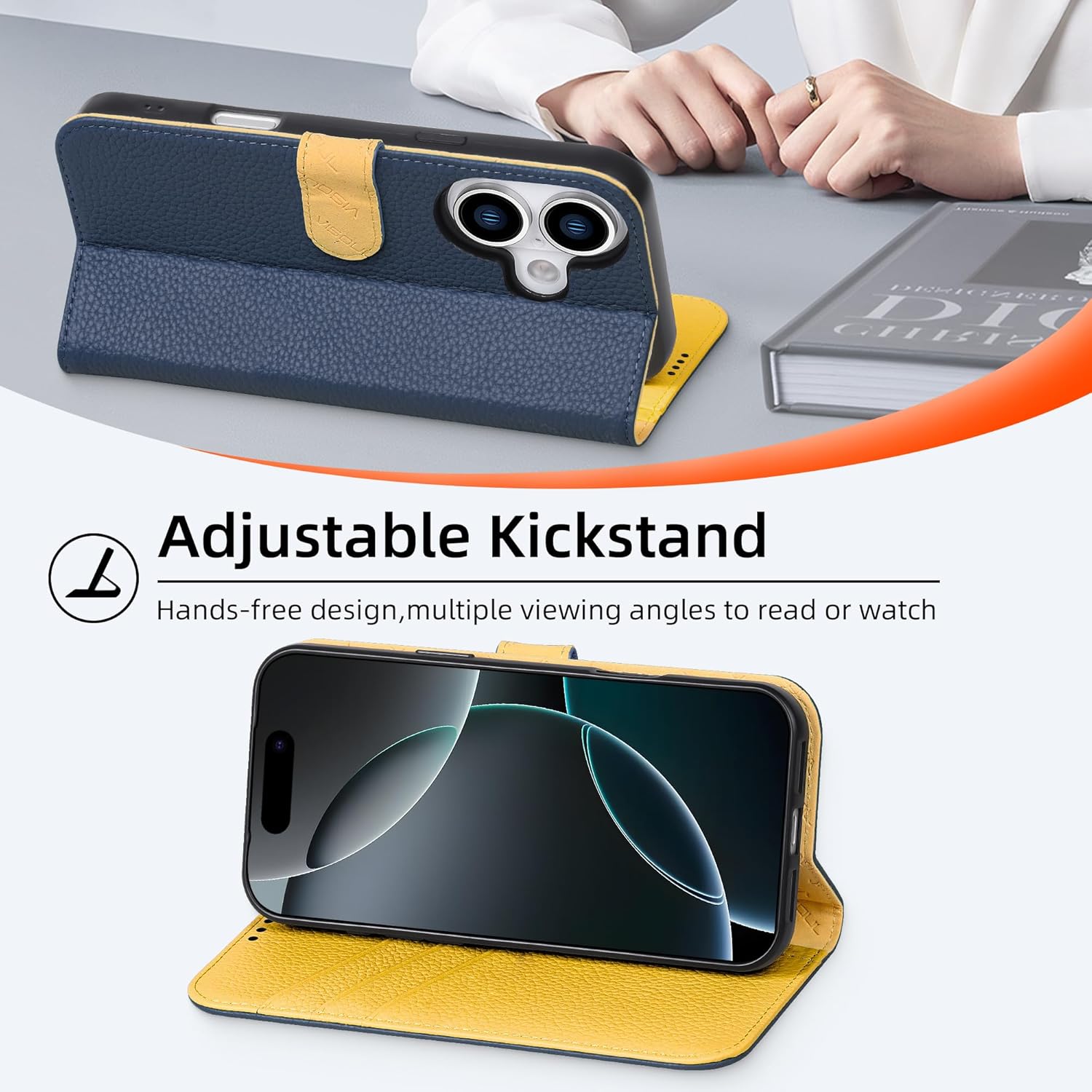 VISOUL Wallet Case for iPhone 17 with 3 Card Slots Pebbled Real Leather Protective Cover, RFID Blocking Kickstand Magnetic Folio Case with Magnetic Closure Designed for iPhone 17 (6.3")-(Blue+Yellow)