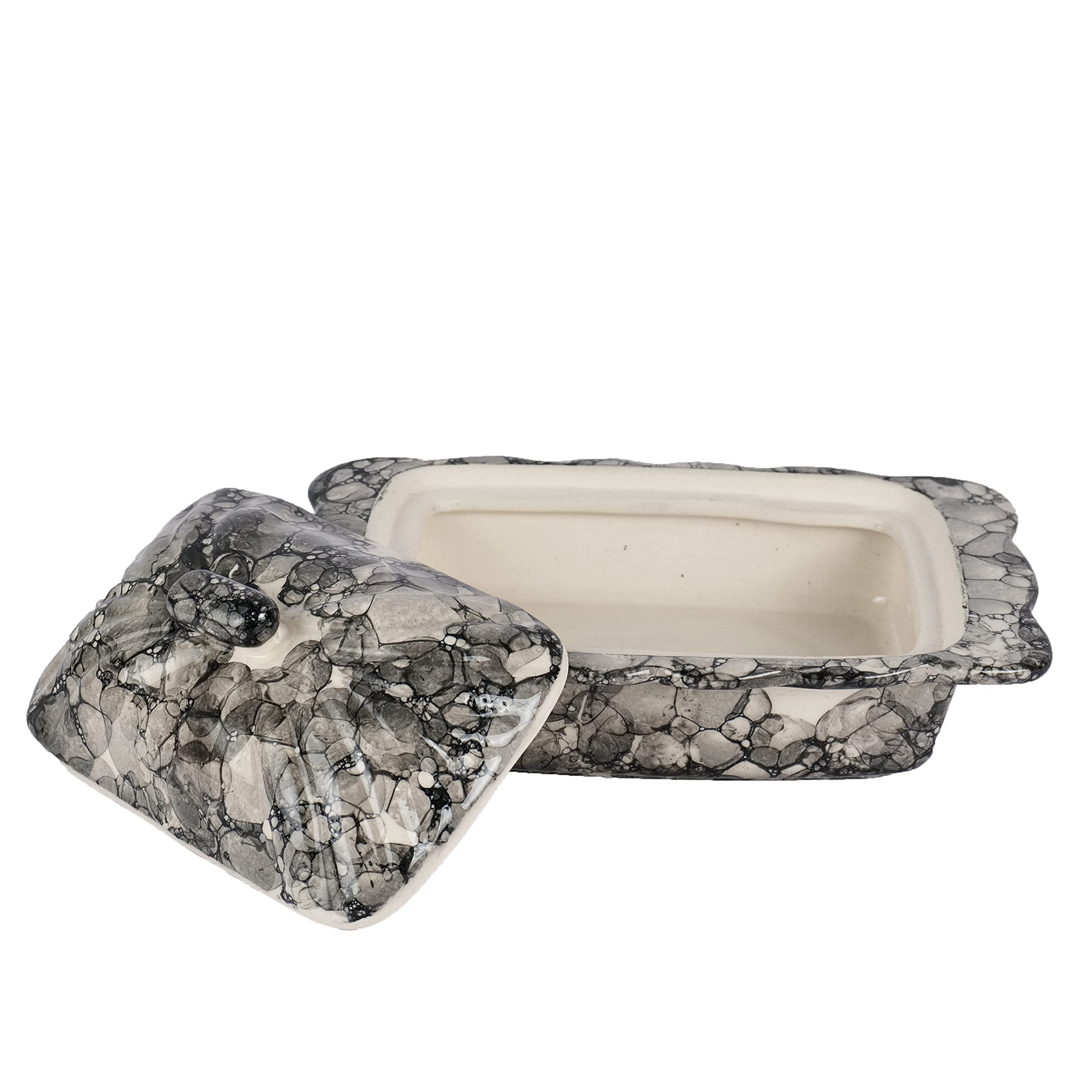 Artysta 'Smokey Marble-Look' Ceramic Butter Box Dish with Lid Hand-Painted Studio Pottery Butter Dish for Dining & Kitchen Freezer Safe (Dark Grey & White, 400 ML) - Image 3 thumbnail