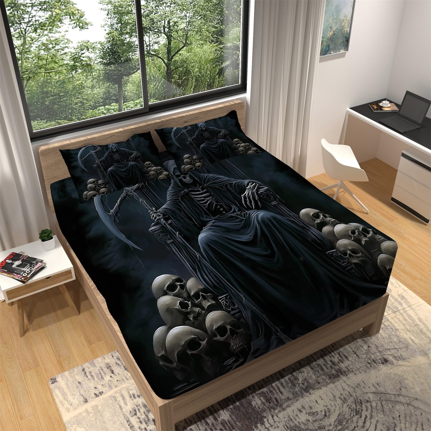 Spannbettlaken Gothic Sensenmann Totenkopf Schwarz Grau, Mikrofaser Bedruckt Spannbetttuch Bis 30 cm Einfache Pflege, Weiche Bequem Spannbettlaken für Alle Jahreszeiten 180 x 200 cm