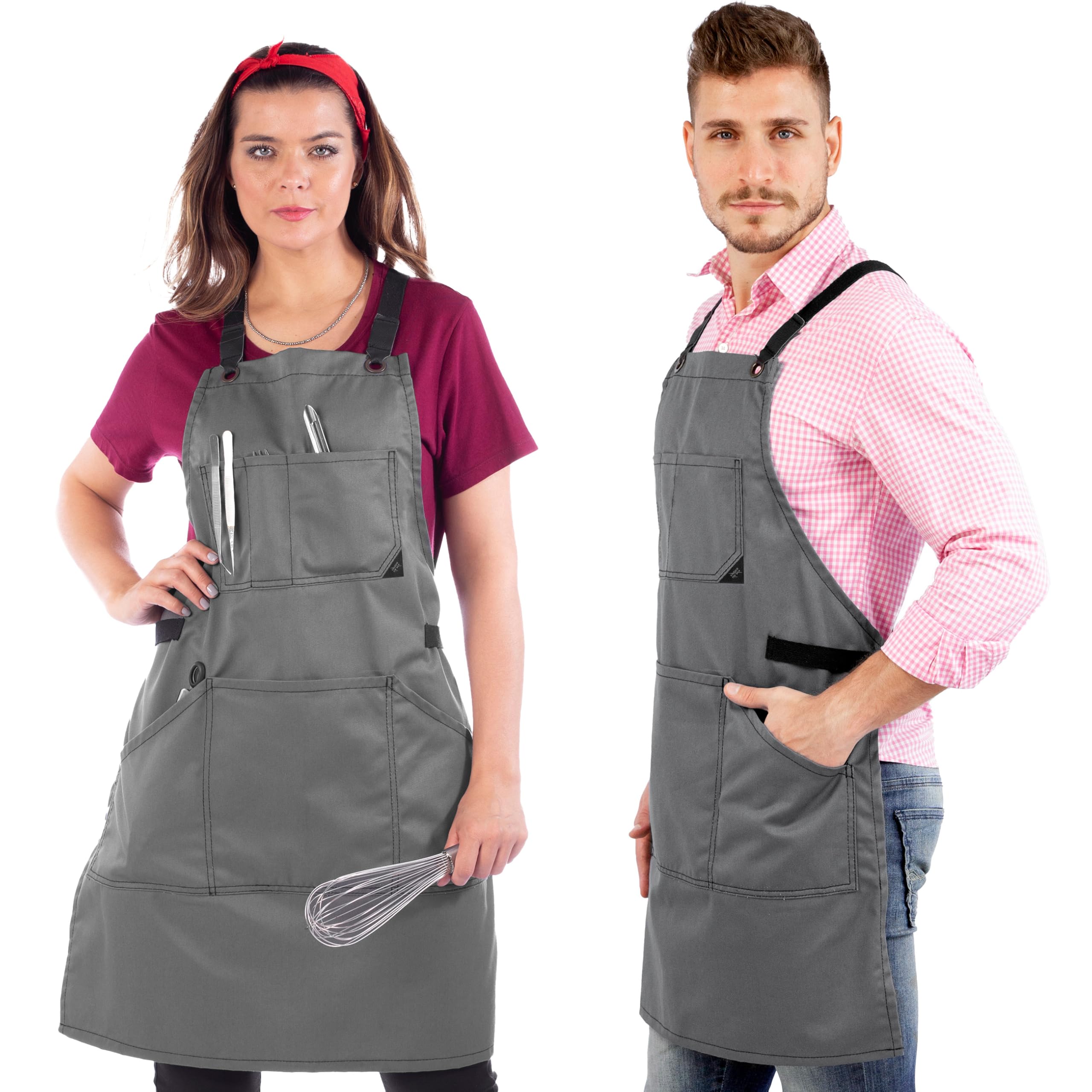 Under NY Sky Essential Armor Gray Apron – Cross-Back with Durable Twill and Leather Reinforcement – Adjustable for Men and Women – Pro Chef, Tattoo Artist, Baker, Barista, Bartender, Server Aprons