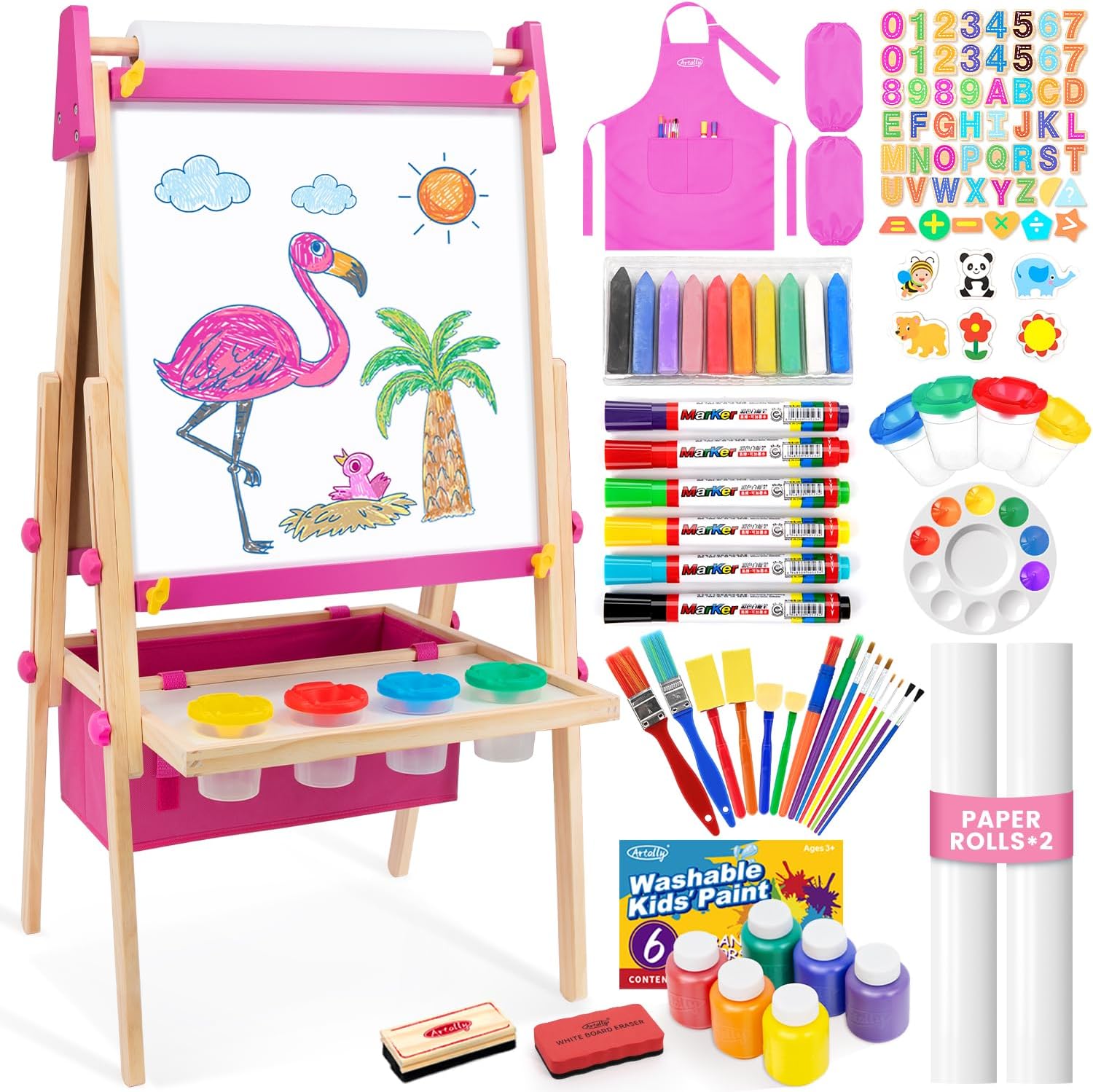 Art Easel for Toddlers Kids, Adjustable Standing Art Easel with Magnetic Chalkboard & Whiteboard, Dry-Erase Board, Paper Roll, Drawing & Painting Easel for Kids Ages 3 4-8 9-12, Pink w/Bag