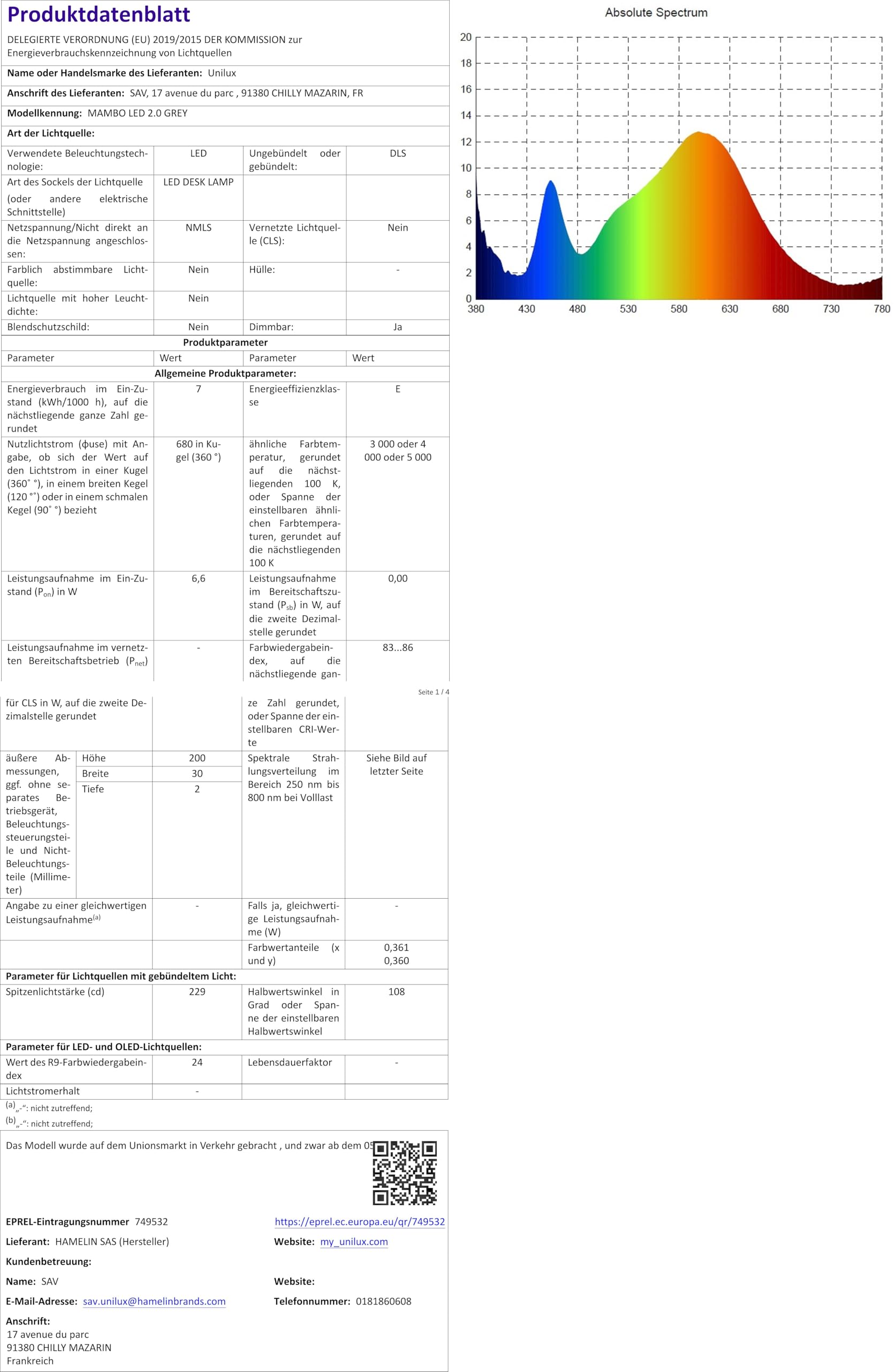 Unilux Lampe de bureau LED Mambo - Intensité variable de 3000 à 5000 K, 900 lux - 7 W - Avec pince et pied - Couleur de la lumière réglable - Gris
