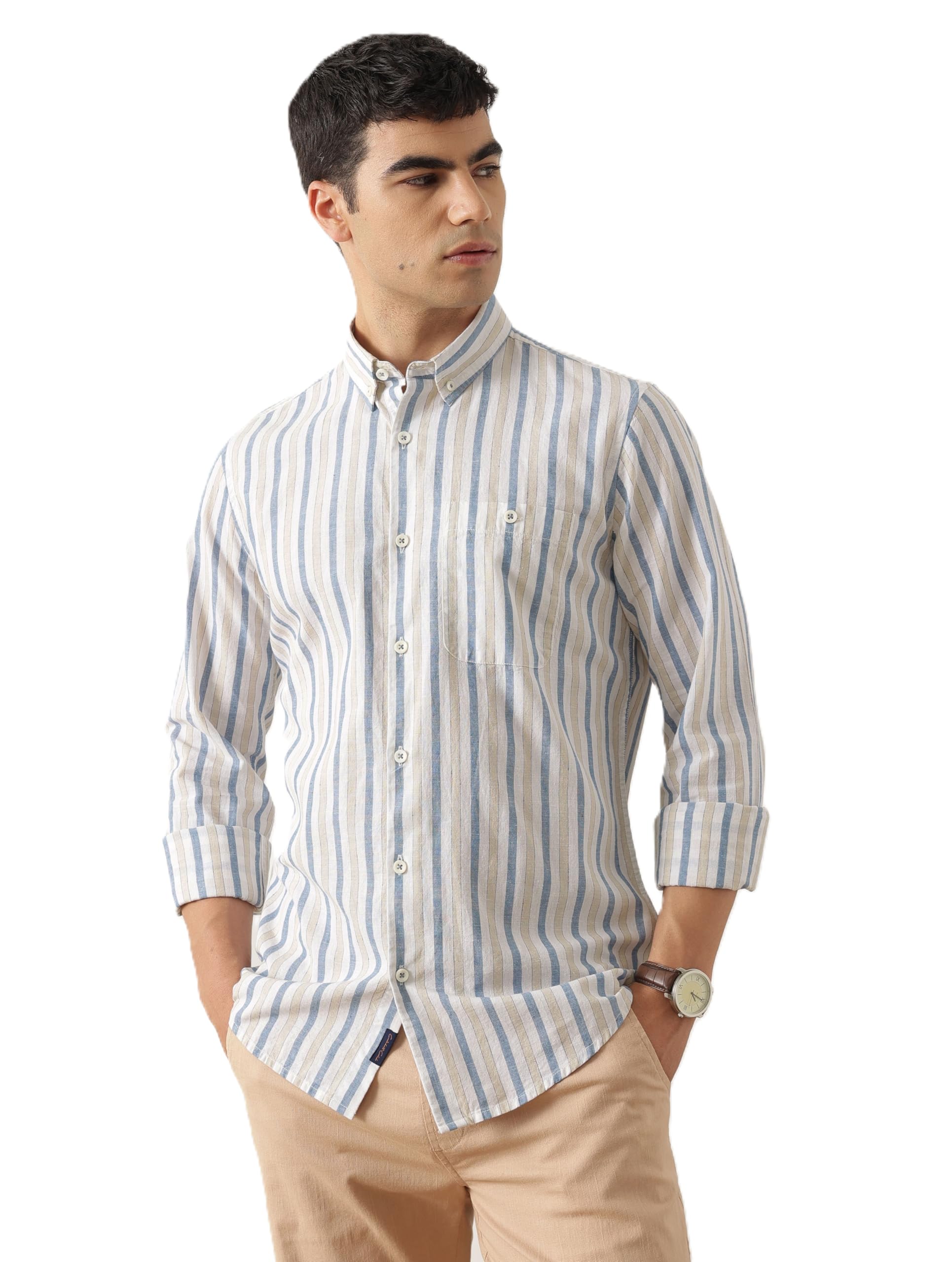 thomas scott Men's Cricket Club Collection Premium Slim Fit Casual Shirt | Cotton Linen Long Sleeve Vertical Striped Shirt with Button Down Collar-picture-15
