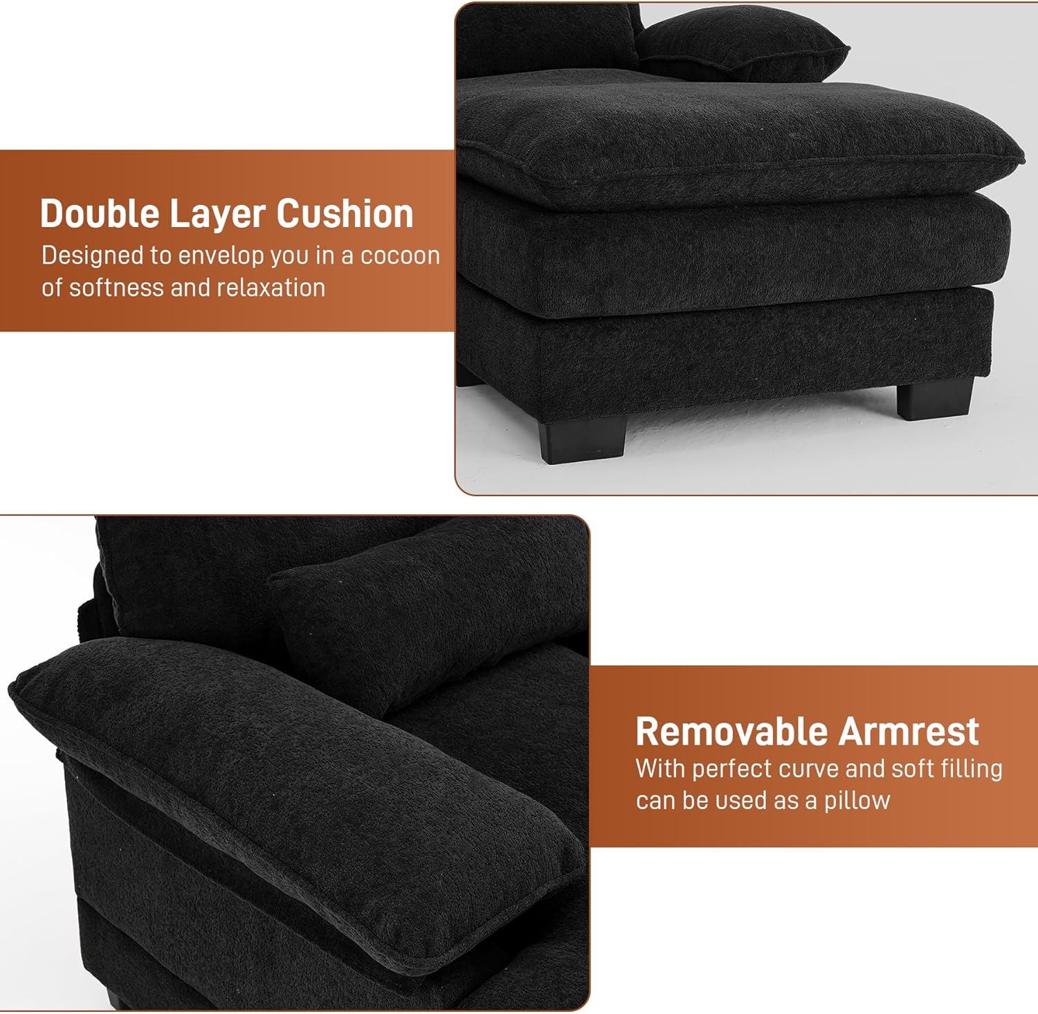 U Shape Sectional Sofa Cloud Couch for Living Room, 114" Comfy Chenille Modular Sectional Sofa, Modern Upholstered 4 Seat L Shape Couch with Lounge Chaise Ottoman Pillows, Black