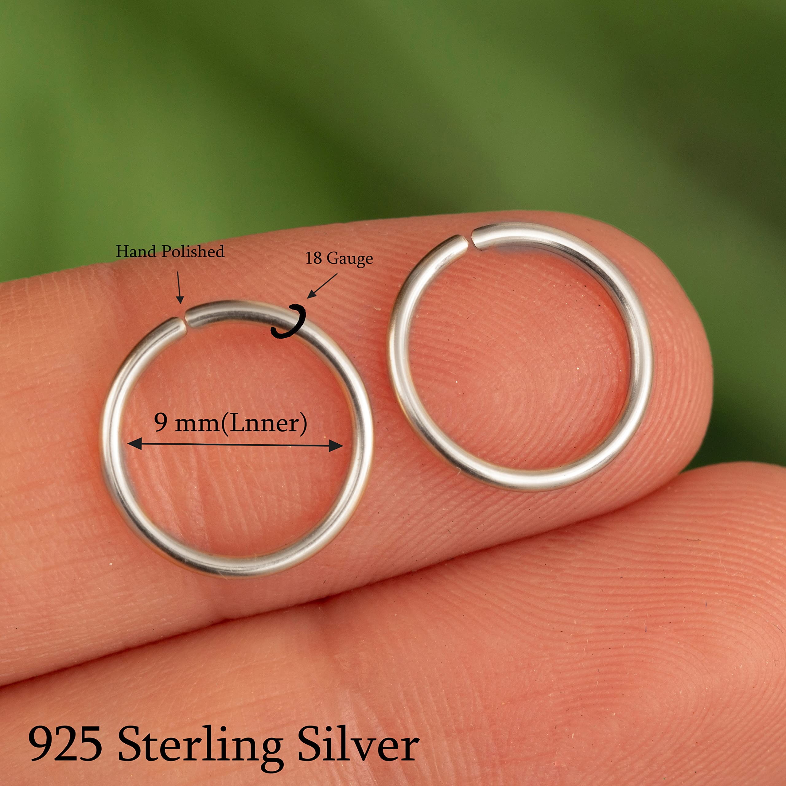 Silver Nose Piercing Nose Hoop Small Sterling Silver Huggie Hoop Earrings for Women Cartilage Nose Helix Tragus (Silver, 9mm 18 gauge / 1 pair) — view 2