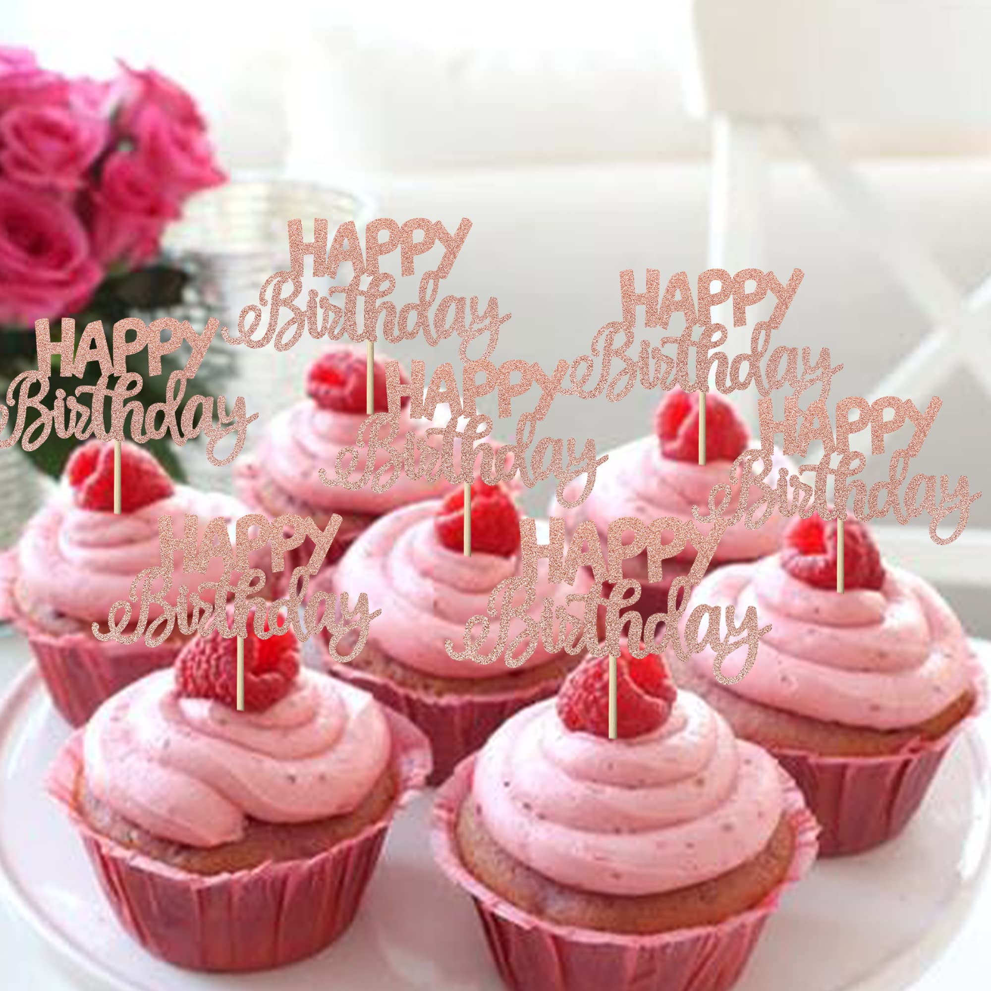 Gyufise 24Pcs Happy Birthday Cupcake Toppers Rose Gold