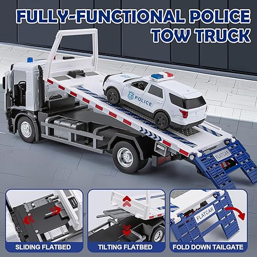 Miniatura 10 de Camión de remolque de juguete para niños, camión de remolque de metal con grúa modelo de juguete con luces y sonidos, vehículos de construcción para