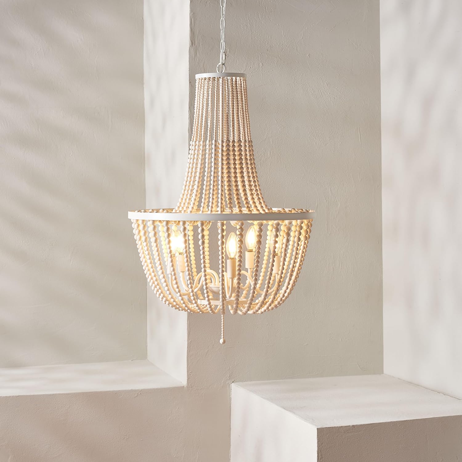 SAFAVIEH Lighting Collection Elanie Boho Coastal Cream Beaded 5-Light 22-inch Pendant Chandelier