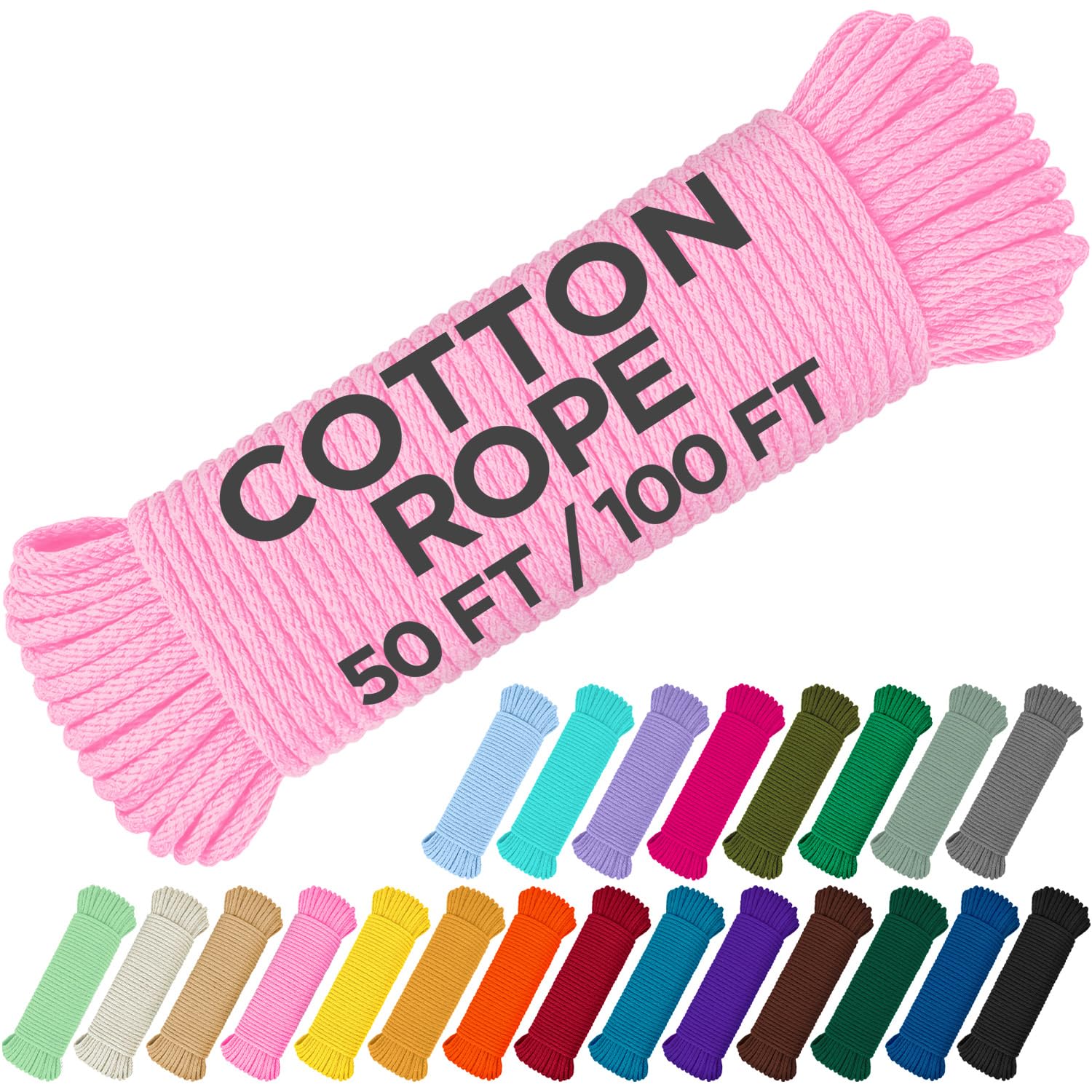 TECEUM Cotton Rope 3/16” (5 mm) – 100 FT – Strong All-Purpose Braided Rope – Natural Cotton – for Crafting, Сamping, Clothes Line, DIY, Indoor & Outdoor Use – Black