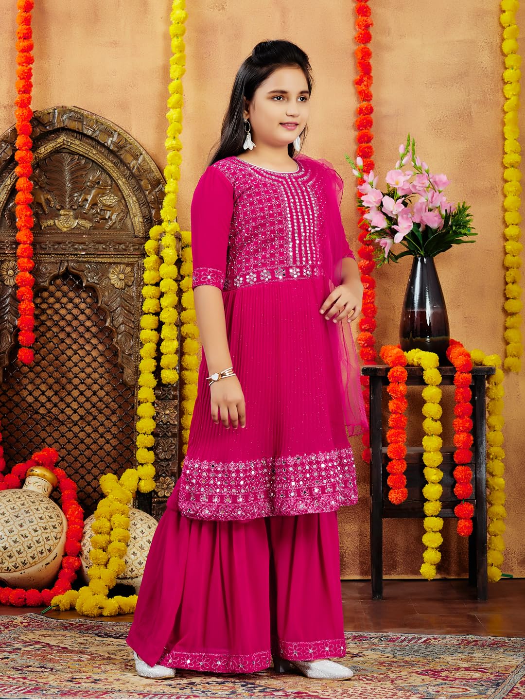 Aarika Girls Ethnic Wea Rani Blue Colour Mirror Embroidery Georgette Kurti Sharara Set (5-16 Years)