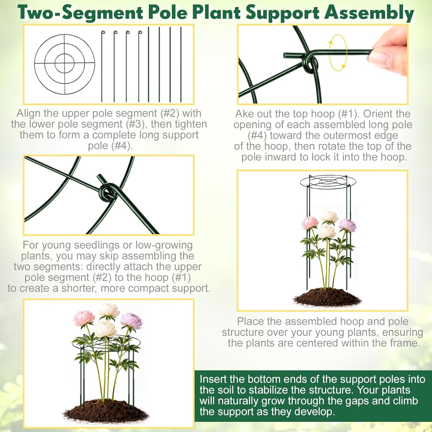 Geelin 6 Pcs Adjustable Peony Cages and Supports, 24 x 12 Inch / 9 x 12 Inch Metal Peony Support Cage, Large Plant Frame Rings for Garden Outdoor Plants Flowers Tomato Vegetables, Height Adjustable