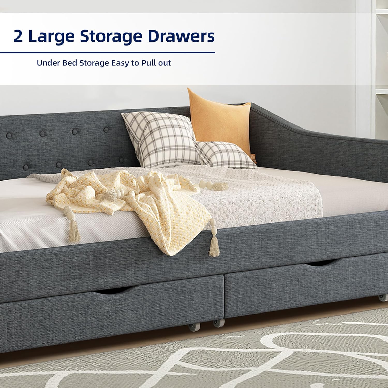 Casaphoria Sofa Daybed with 2 Storage Drawers, Linen Fabric Upholstered Daybed Frame w/Wave Shape Arms, Heavy Duty Sofa Bed for Bedroom or Living Room, Twin Size Dark Gray