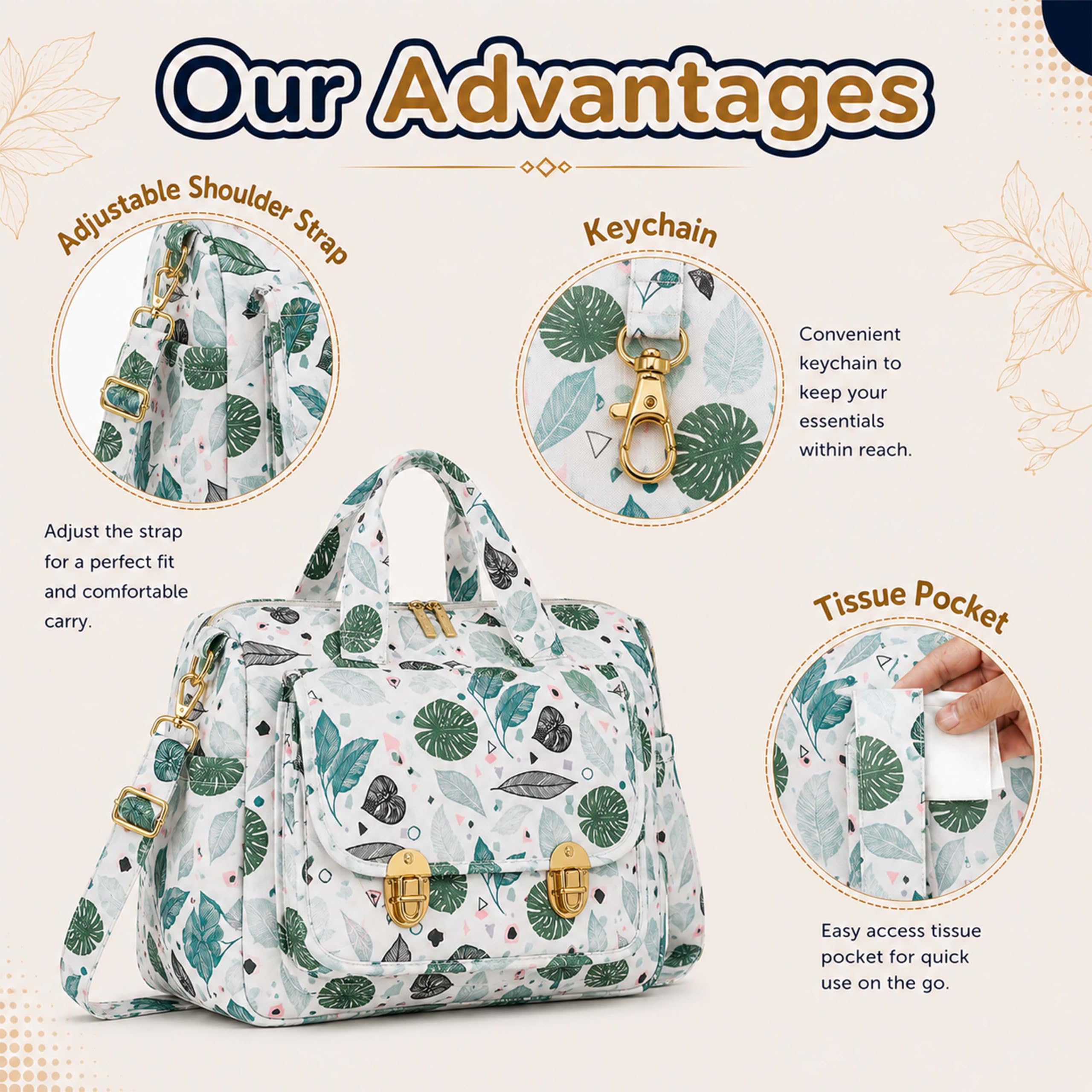 Motherly WOW Tote Diaper Bag for Mothers for Travel, Maternity Bag for Newborn Baby, Multiple Pocket Water Resistant Baby Bag (Green Leaf) 3