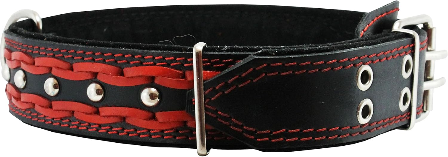 Genuine Leather Braided Studded Dog Collar, Red on Black 1.75" Wide. Fits 22"-27" Neck, XLarge.