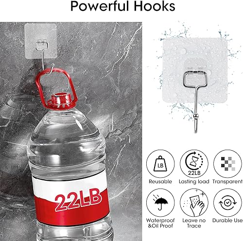 Miniatura 5 de QCJ Ganchos multiusos resistentes de 22 libras, ganchos de pared adhesivos impermeables para la oficina en casa y al aire libre, paquete de 8