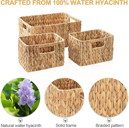 Miniatura 5 de ELONG HOME Cesta de almacenamiento de mimbre, paquete de 3 cestas de mimbre tejidas a mano, cestas de almacenamiento de jacinto de agua con asas