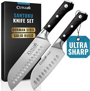 Cutluxe Artisan Santoku Knife Set: 7in Chopping & 5in Vegetable Knives - High Carbon German Steel, Full Tang Pakkawood Handles