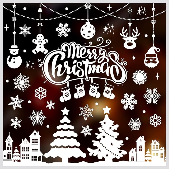 Joy Bang Christmas Window Stickers Large Christmas Scene Xmas Window Stickers Christmas Window Clings Snowflake Decals Christmas Tree White Snow Scene Merry Christmas Window Decorations