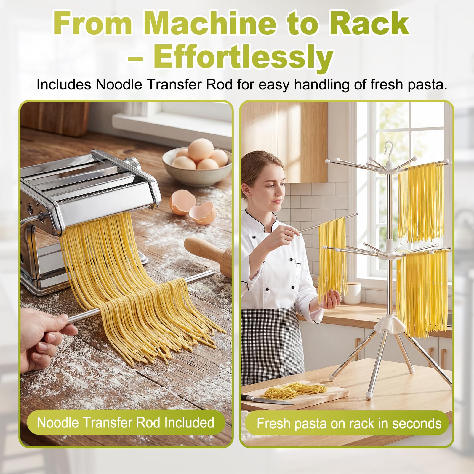 Estante plegable de secado de pasta, estante de doble capa para pasta con 20 brazos, estante de acero inoxidable hecho en casa, estante de secado de fideos para espaguetis frescos, fácil de