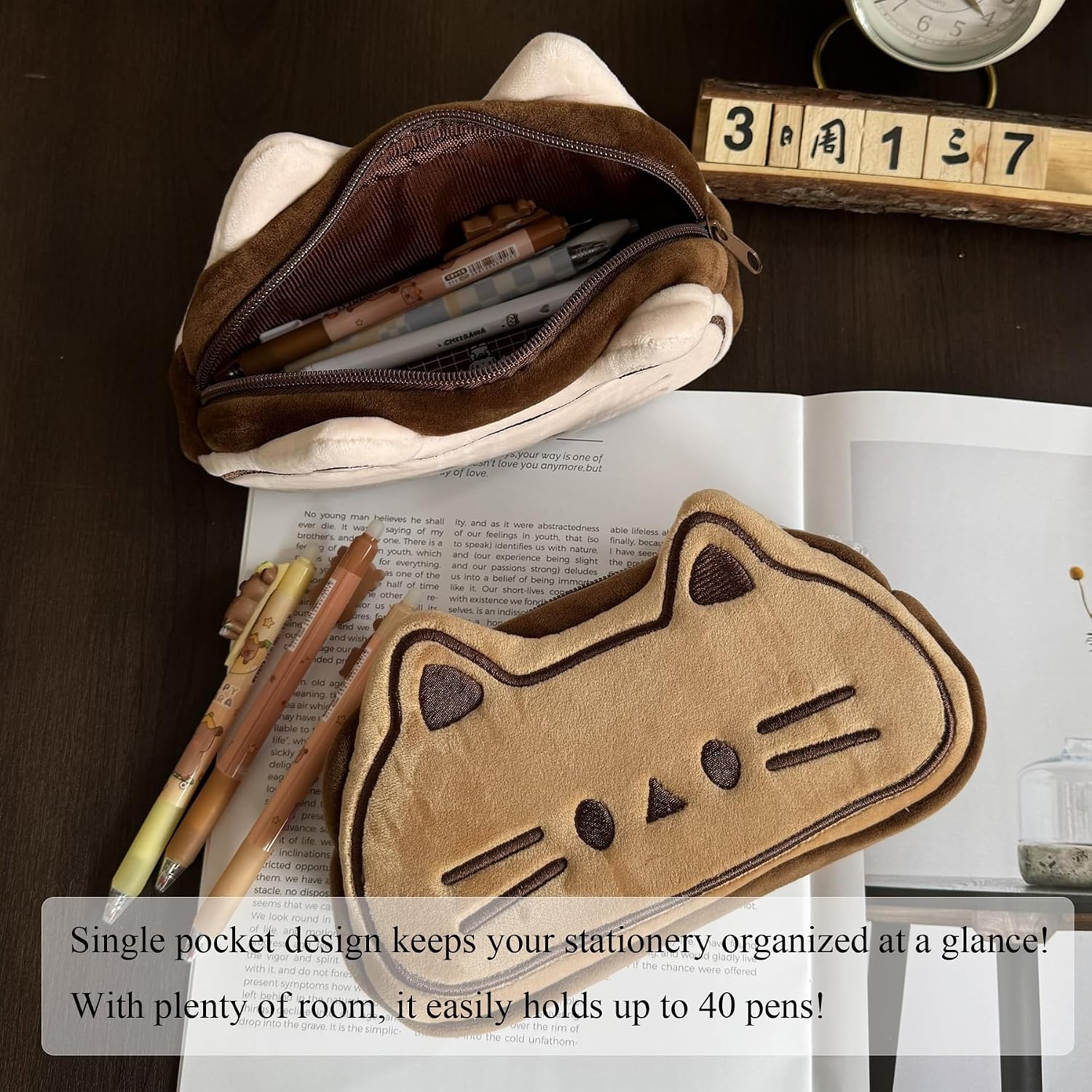 KEYDUACU Cute Plush Cat Pencil Case, Kawaii Feline Design Large Capacity Soft Pen Pouch, Versatile Stationery Bag for Office, Daily Use & Travel (Brown)