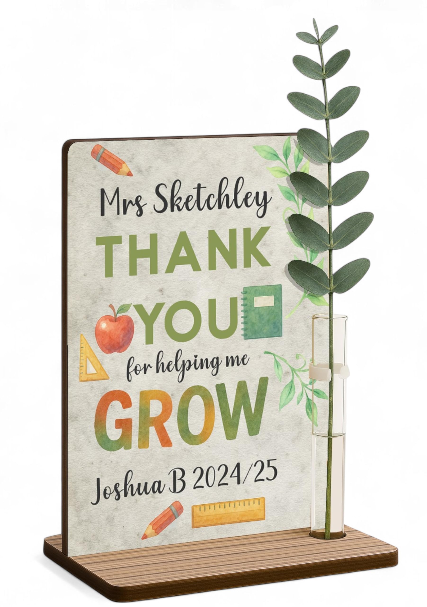 The Plum Penguin Watercolour Whimsy Personalised Teacher Thank You Gift Freestanding Wooden Plaque Optional Flower Thank You For Helping Me Grow Custom Names End Of Term Gift Ta Nursery Childminder Tutor (Watercolour Whimsy)