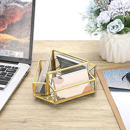 Miniatura 9 de Hipiwe Soporte giratorio para tarjetas de visita de 360, 4 ranuras de vidrio dorado, soporte de exhibición para tarjetas de presentación con espejo