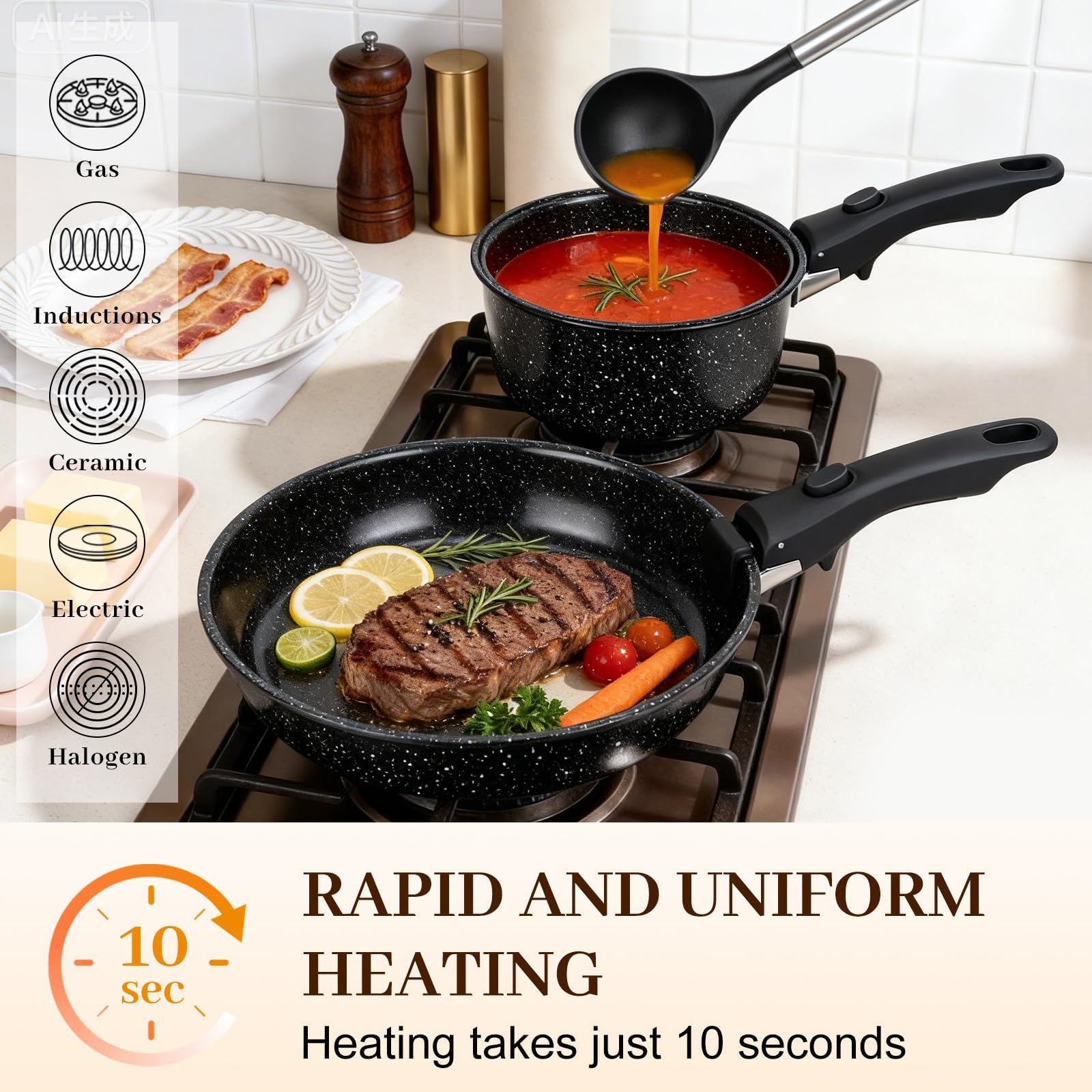 Set Pentole 25 Pezzi Induzione – Rivestimento Antiaderente Con Manico Rimovibile, Resistente Al Forno E Adatto A Tutti I Piani Cottura – Ideale Per Casa, Campeggio E Picnic (Nero)