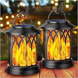 KOOPER Solar Lights Outdoor Garden, 2 Pack Hanging Solar Lanterns with Realistic Flickering Flame LED, Waterproof Flame Effect Garden Ornaments Birthday Gifts for Women for Pathway Patio Decoration