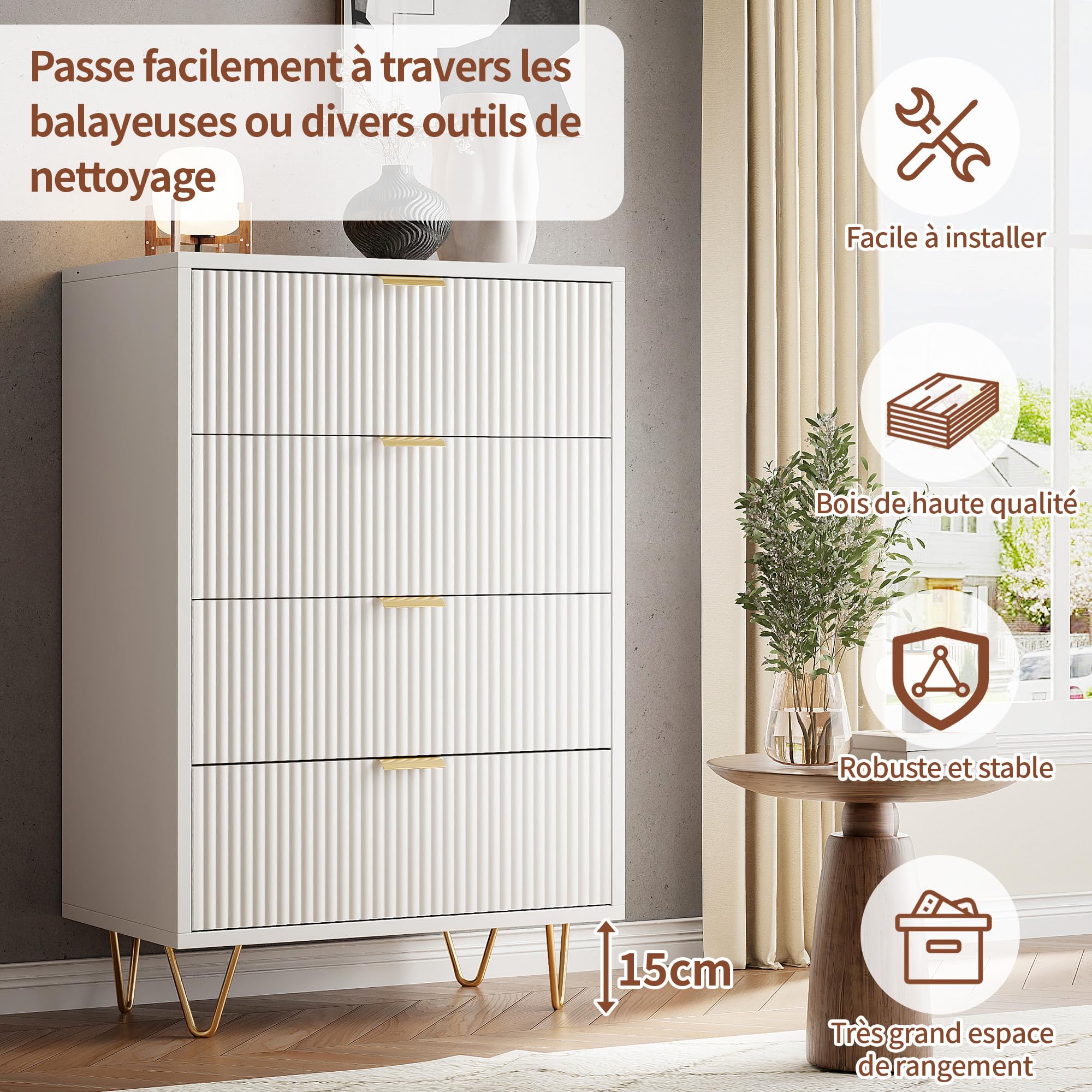Commode 4 Tiroirs 60cm, Commode pour Chambre à Coucher, Enfant, Salon ou Couloir, Moderne Tiroirs Meuble de Rangement, 60x34x91 cm, Blanc (4 Tiroirs Blanc)