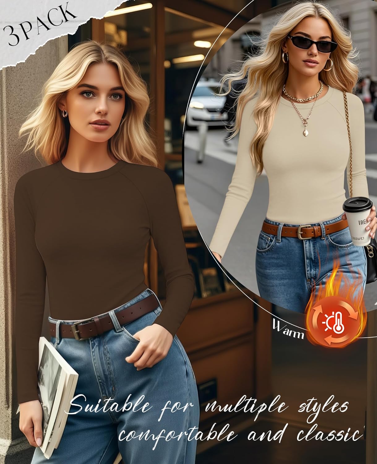 3 Pack Women's Thermal Shirts Fleece Lined Long Sleeve Top Crew Neck Raglan Thermal Winter Base Layer Undershirts - Image 3