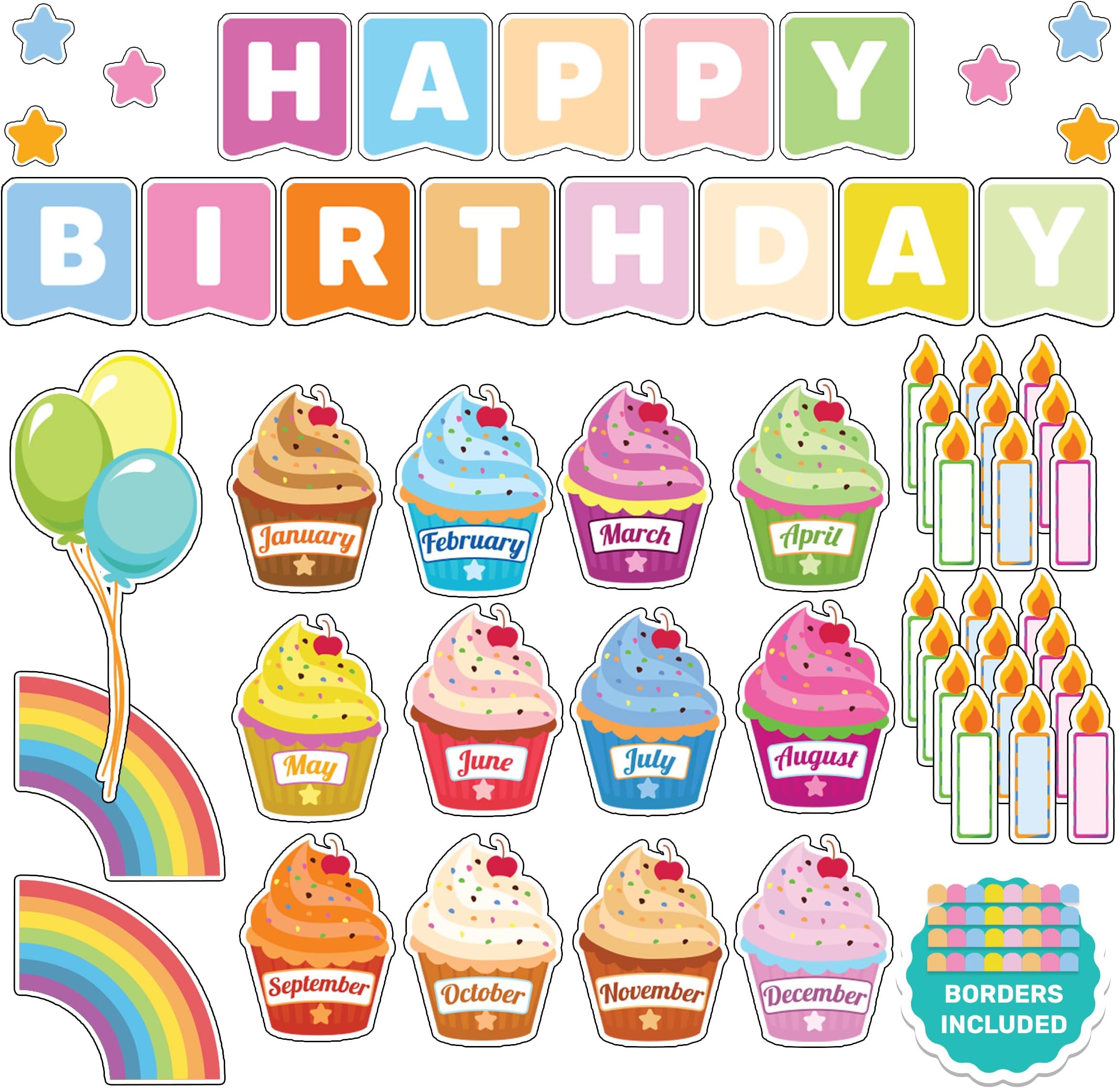 Decorably 84 Pcs Cutouts Cupcake Birthday Bulletin Board Decorations Set with Accompanying Borders - Gloss-Laminated Cardstock, Easy-to-Write-on & Erase for Classroom, School Hallways, Study Room