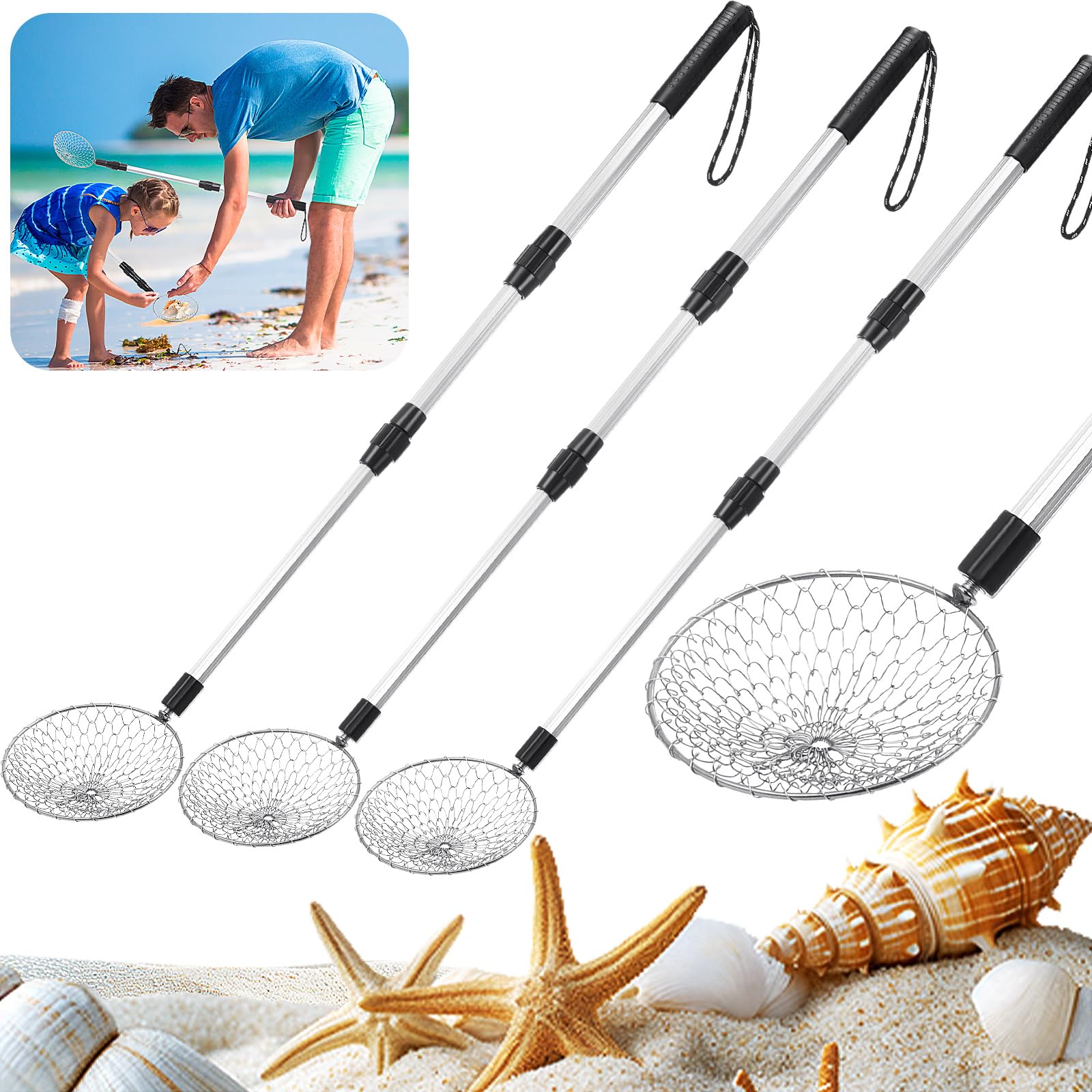 Vinsot Juego de 4 tamices de arena de playa, pala ajustable, palas de tamizado de arena con mango de 41.5 pulgadas de largo, tamiz de dientes de tiburón para limpieza de playa