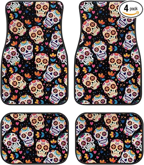 All Weather Car Floor Mats Full Set - Sugar Skull Car Mats Full Set for SUV Truck Sedan Vehicles, Heavy Duty Rubber Auto Accessories Anti-Slip Universal Fit