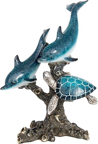 Delfines y tortugas marinas nadando en el arrecife de coral Figura oceánica decoración de mesa costera Escultura de vida marina, casa de playa,