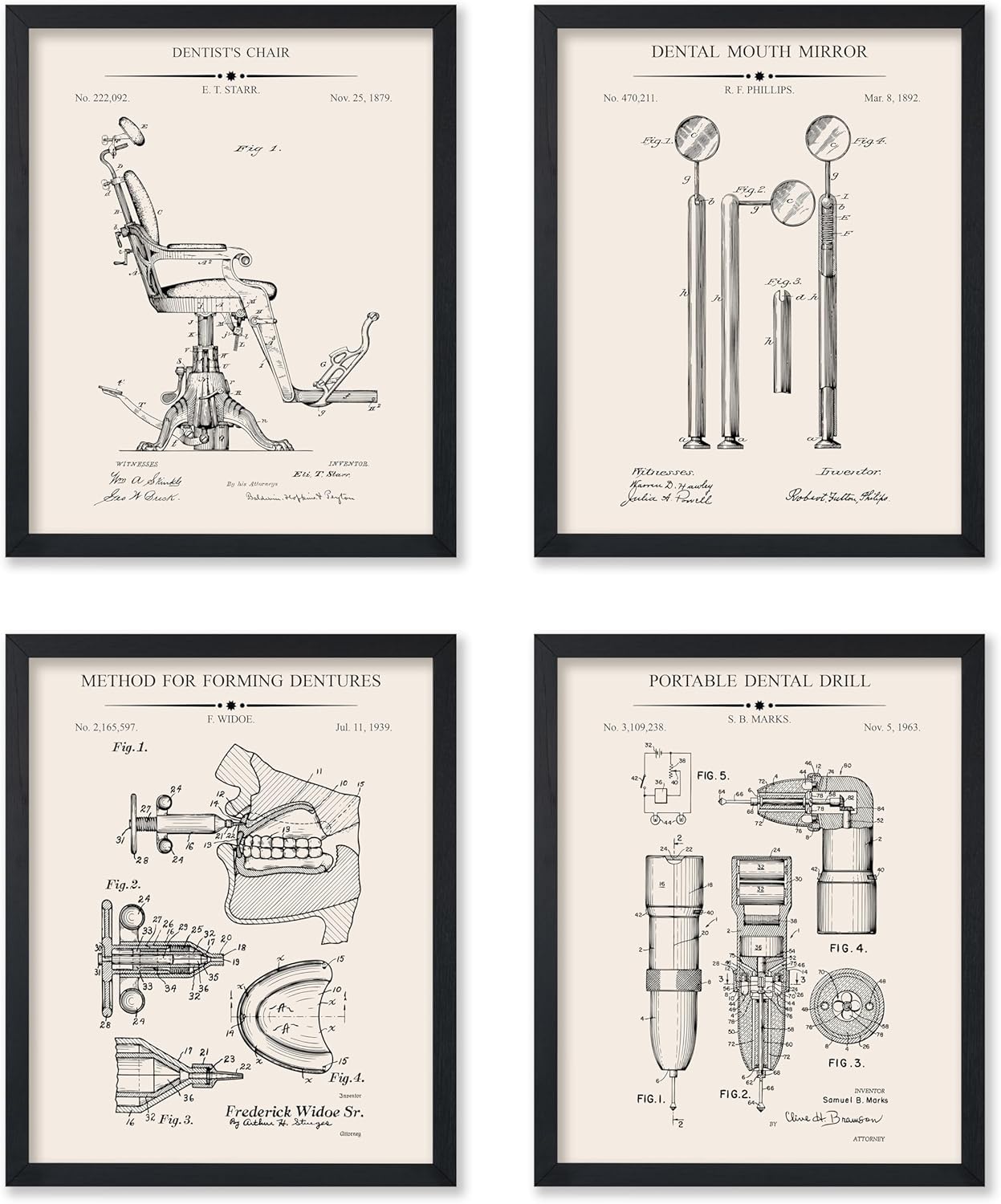 Poster Master 4-Piece Dental Blueprint Poster – Dentist’s Chair Patent Print – Dental Mouth Mirror Art – Dentures Art – Dental Drill Art – Dentist Art – Great Clinic Decor – 16×20 UNFRAMED Wall Art