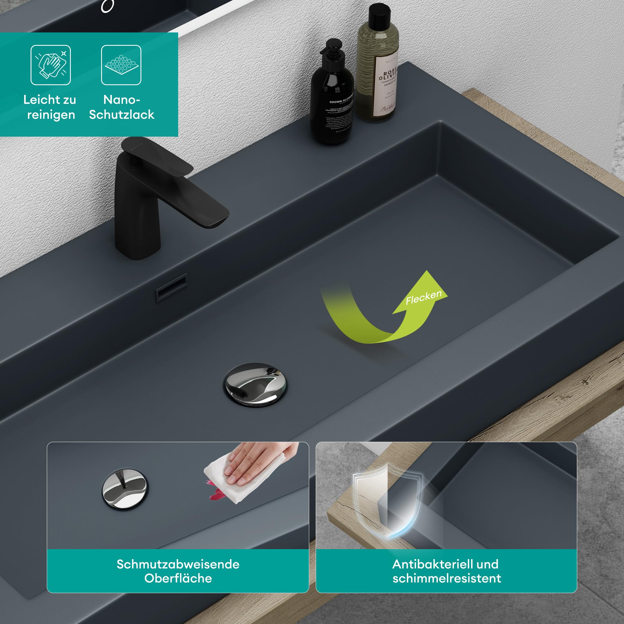 Mai & Mai Lavabo sobre Encimera Baño | Rectangular | Antracita Mate | Mármol Fundido | 60x48x12cm | con Rebosadero y Orificio para Grifo | Colossum18