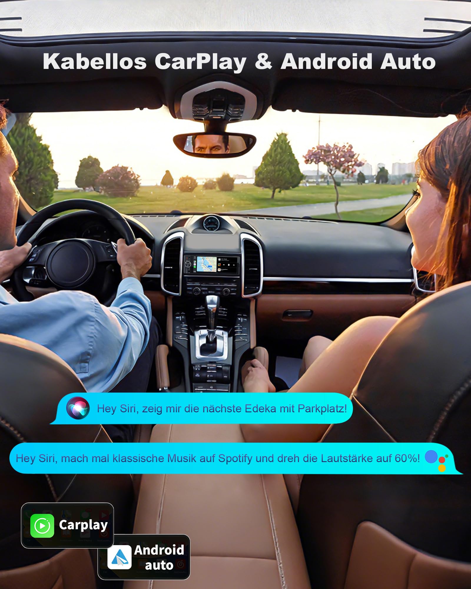 DAB/DAB+ 6,36 Zoll 1 DIN Autoradio mit Drahtlosem CarPlay & Android Auto, Schnellladung, Drahtloser Spiegel-Link, Voice Control, AHD Rückfahrkamera & Mikrofonunterstützung/DSP/SUB/AUX/AM/FM/RDS