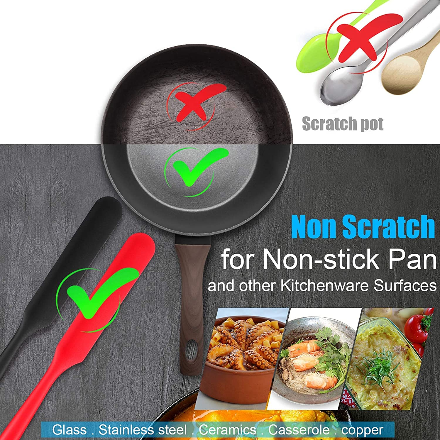 2 Pieces Long Handle Silicone Spatulas, Non-Stick Rubber Scraper, Silicone Scraper for Jars, Smoothies, Blenders, for Cooking, Baking, Mixing, Versatile Kitchen Tool (Pack of 2, Black+Red) — Amazon image 4