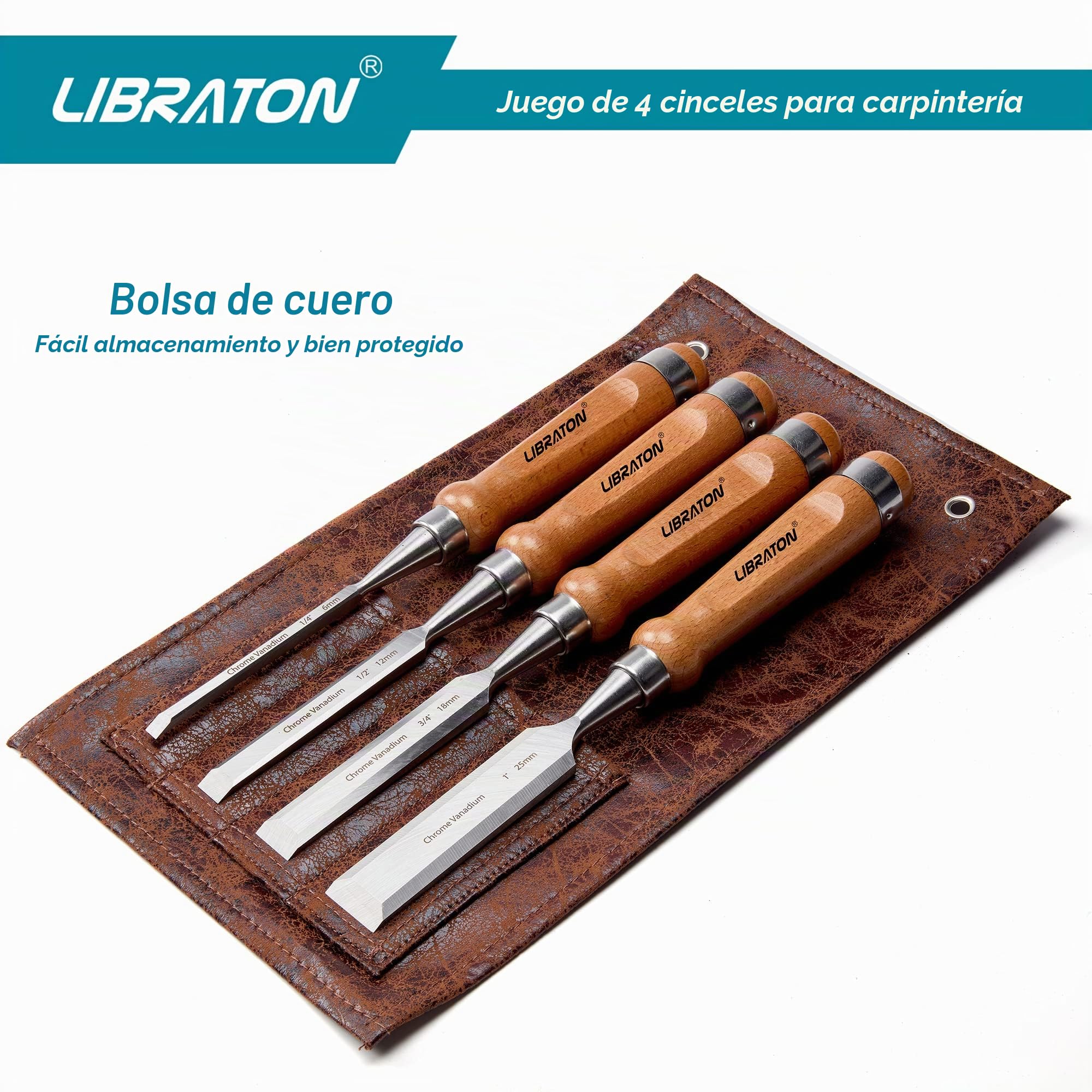 Libraton Juego Cinceles Formones para Madera 4 Cinceles Profesionales,Sobrecubierta de Polietileno para Evitar Deformación
