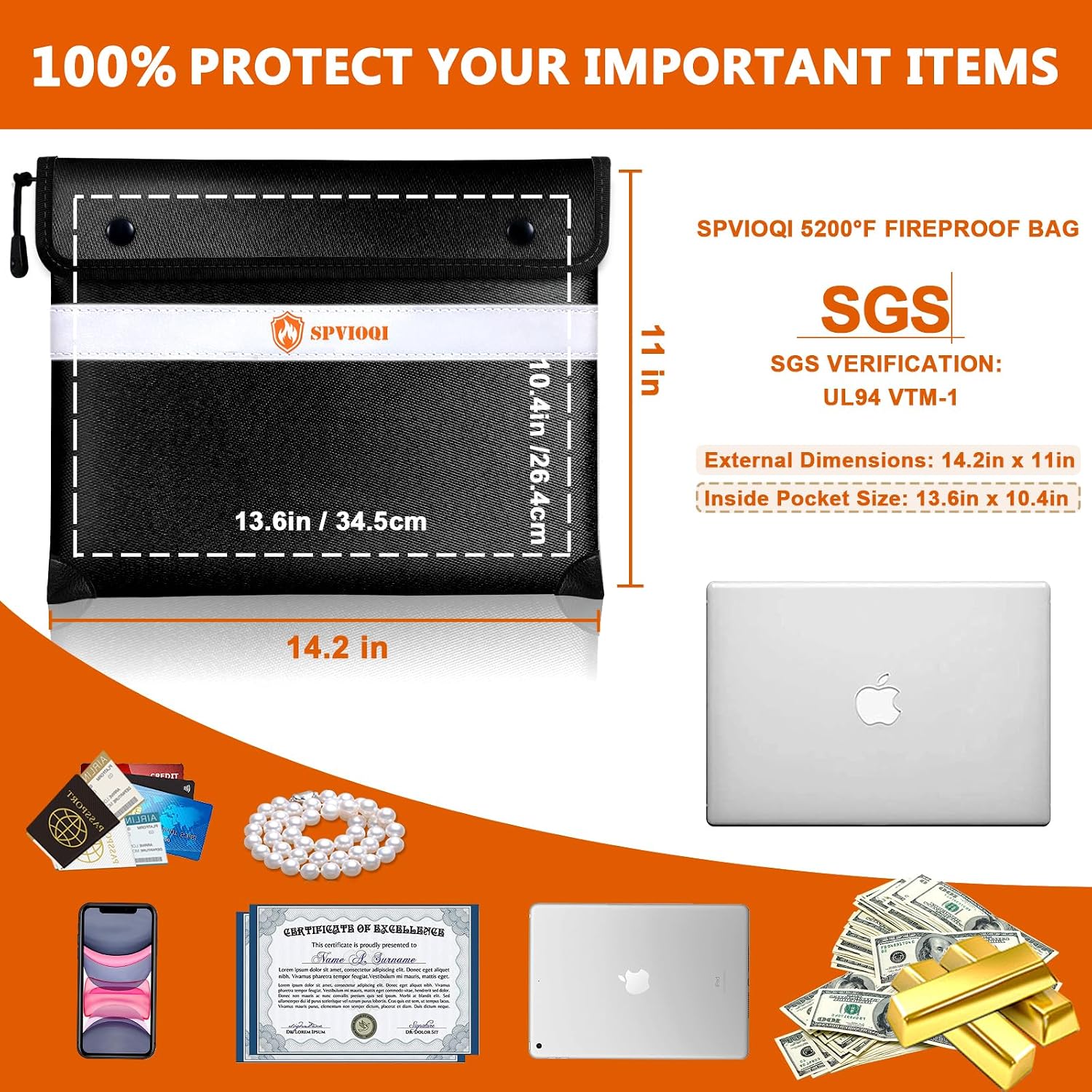 Fireproof Document Bag 5200°F with Heat Insulated, Fireproof Money Bag for Cash with Zipper and Reflective Strip, 14.2” X 11” Fireproof Safe Storage Pouch for Valuables