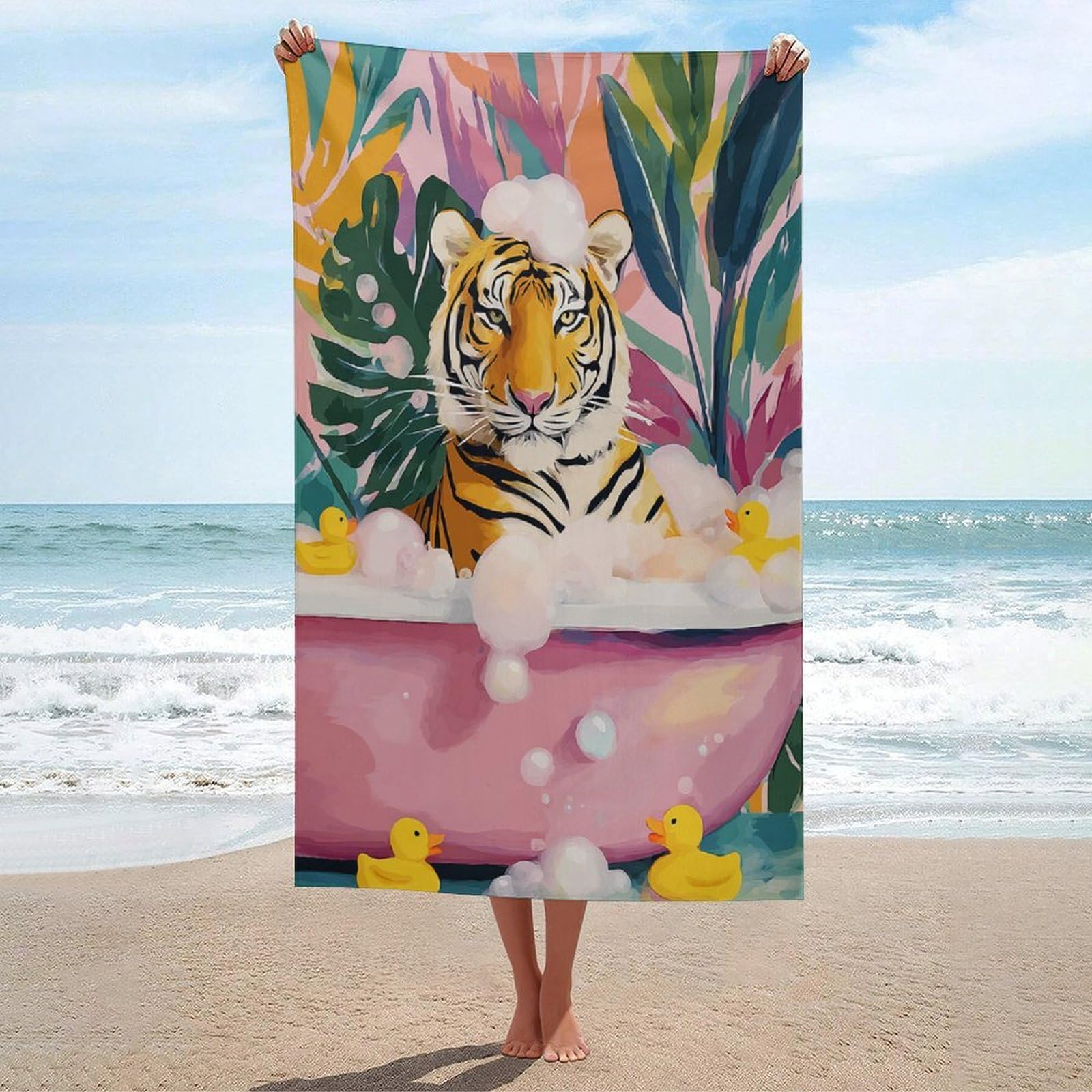 LSRCPD Tiger in A Bathtub Funny Beach Towel Sand Free Microfiber Large Shower Towels Multipurpose Absorbent for Bathroom Pool 130x80 CM