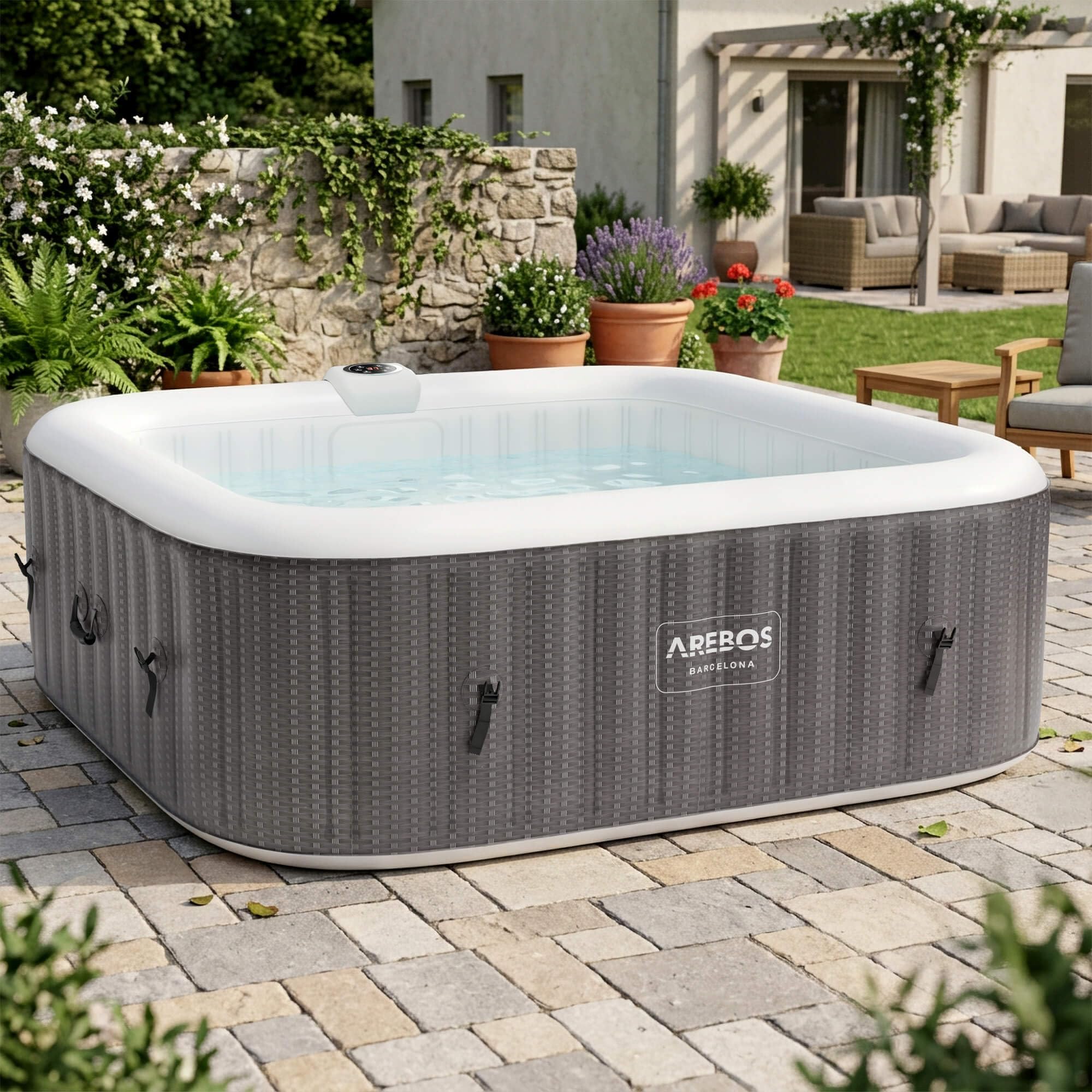 Arebos Spa idromassaggio 2400W | Piscina all'aperto | per 6 persone 185x185cm | 130 getti massaggianti | 910 L con riscaldamento | Funzione di gonfiaggio con un pulsante | Copertura inclusa | Bubble S