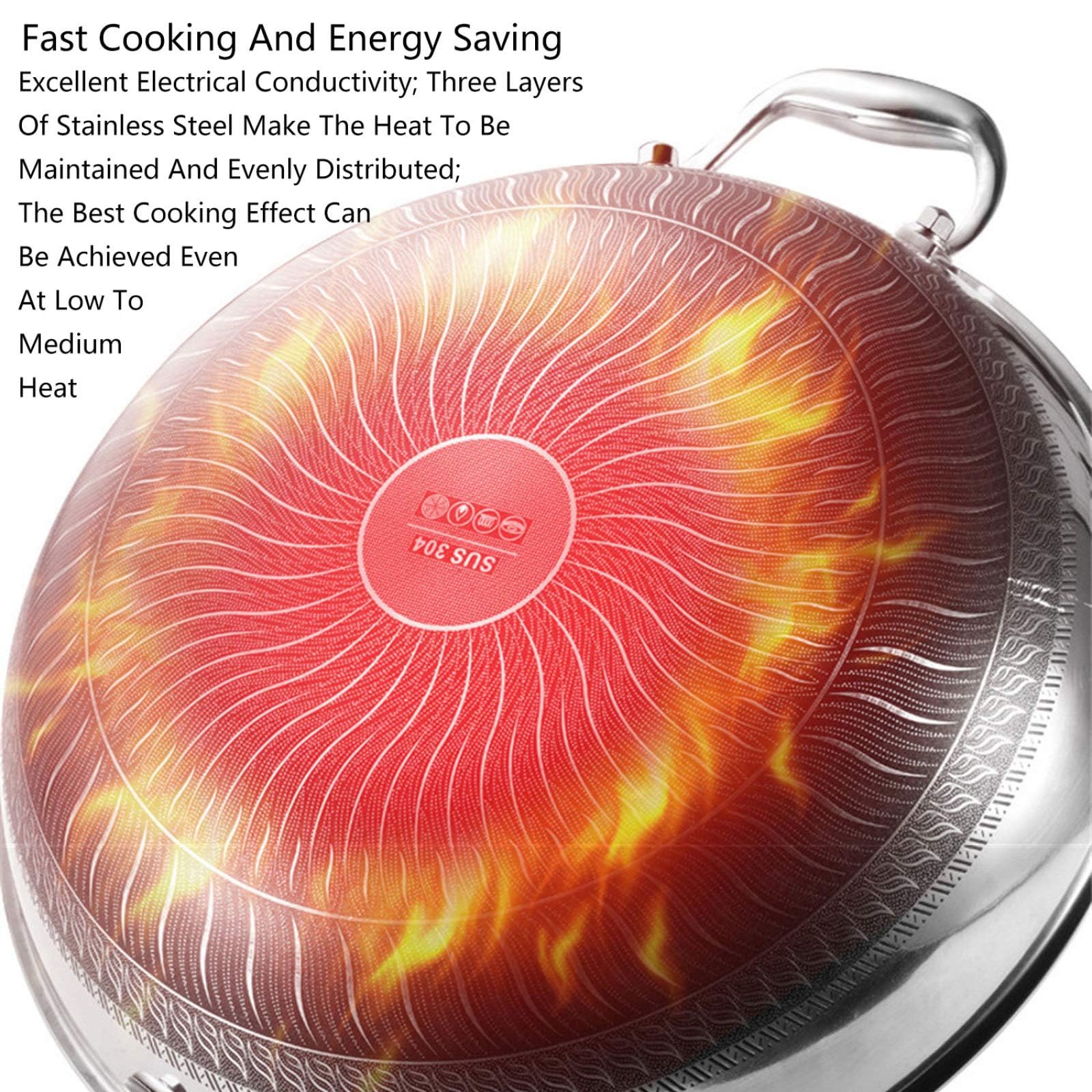Wok de Acero Inoxidable con Tapa, Wok de inducción Antiadherente, Wok para ollas Calientes, sartenes para saltear con Doble Anillo, Wok pequeño/Grande,34cm