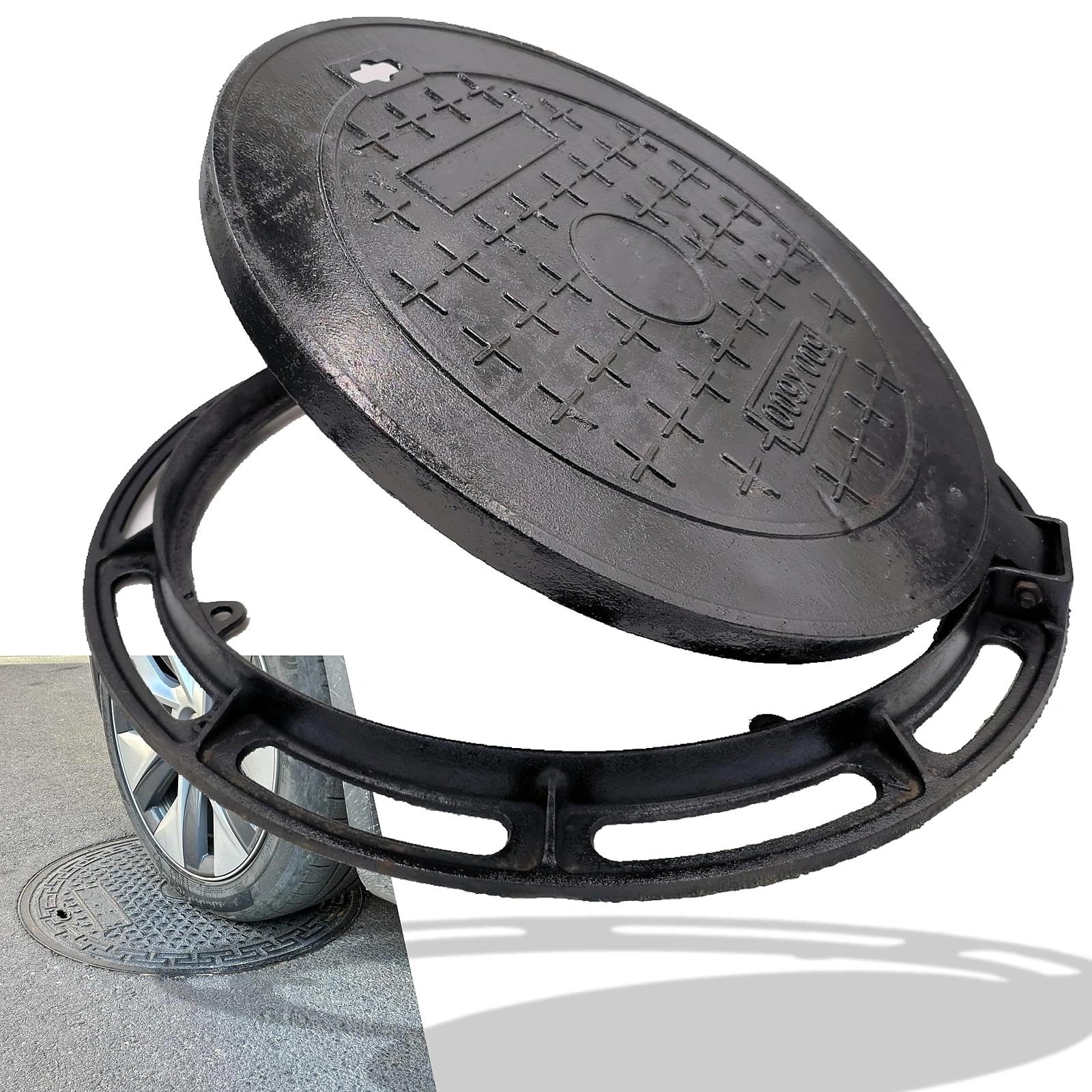Photo 1 of MASSLUNT Cast Iron Manhole Cover and Frame 28”, B Class Black Septic Tank Lid with Base, Round Sewage Basin Cover, Heavy Duty Metal Inspection Lid for Driveway, Concrete, Yard (True 27.6”)