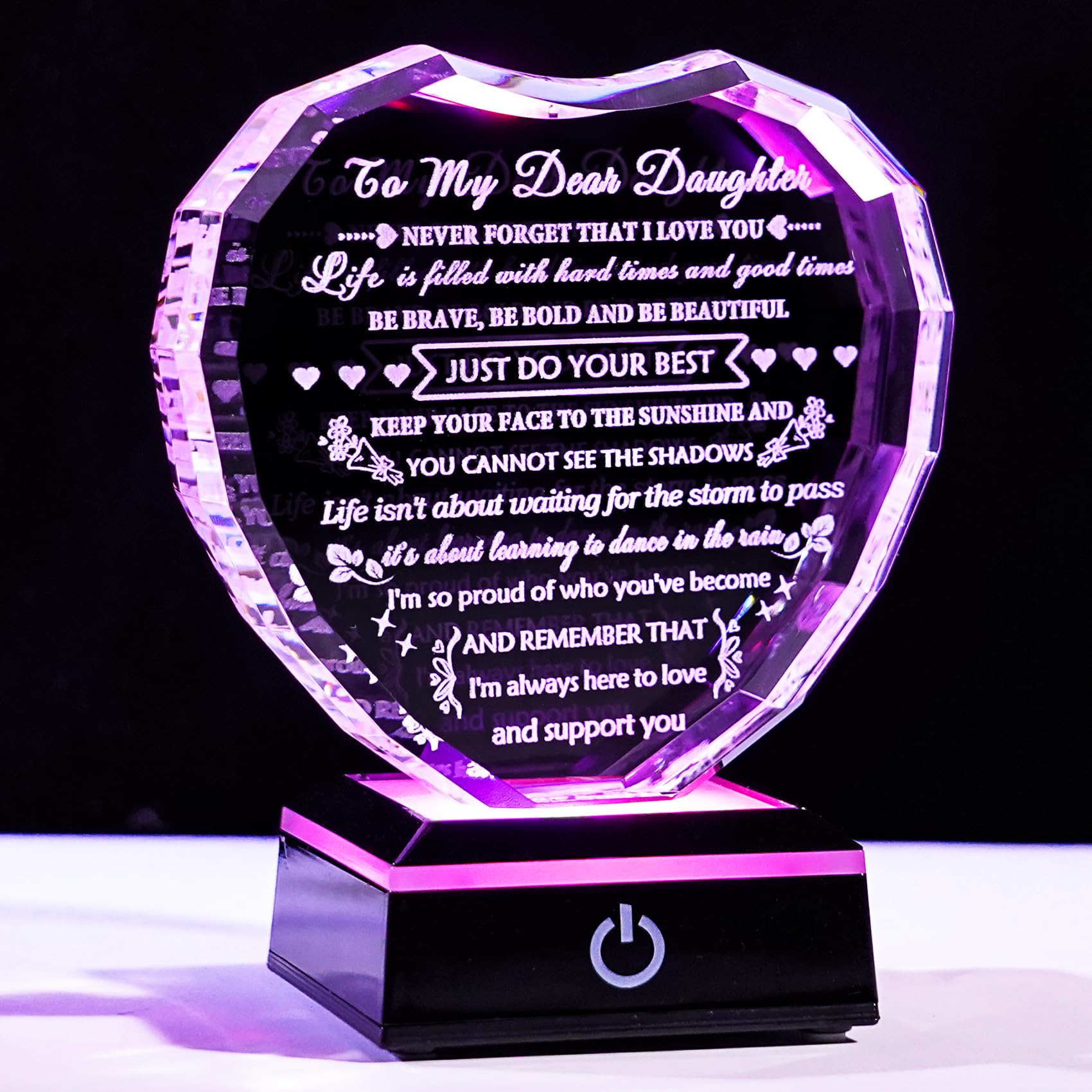 YWHL Meaningful Daughter Gifts from Mom Dad, Birthday Gifts for Adult Daughter Heart Crystal Keepsake with Colorful Light Base, to My Daughters